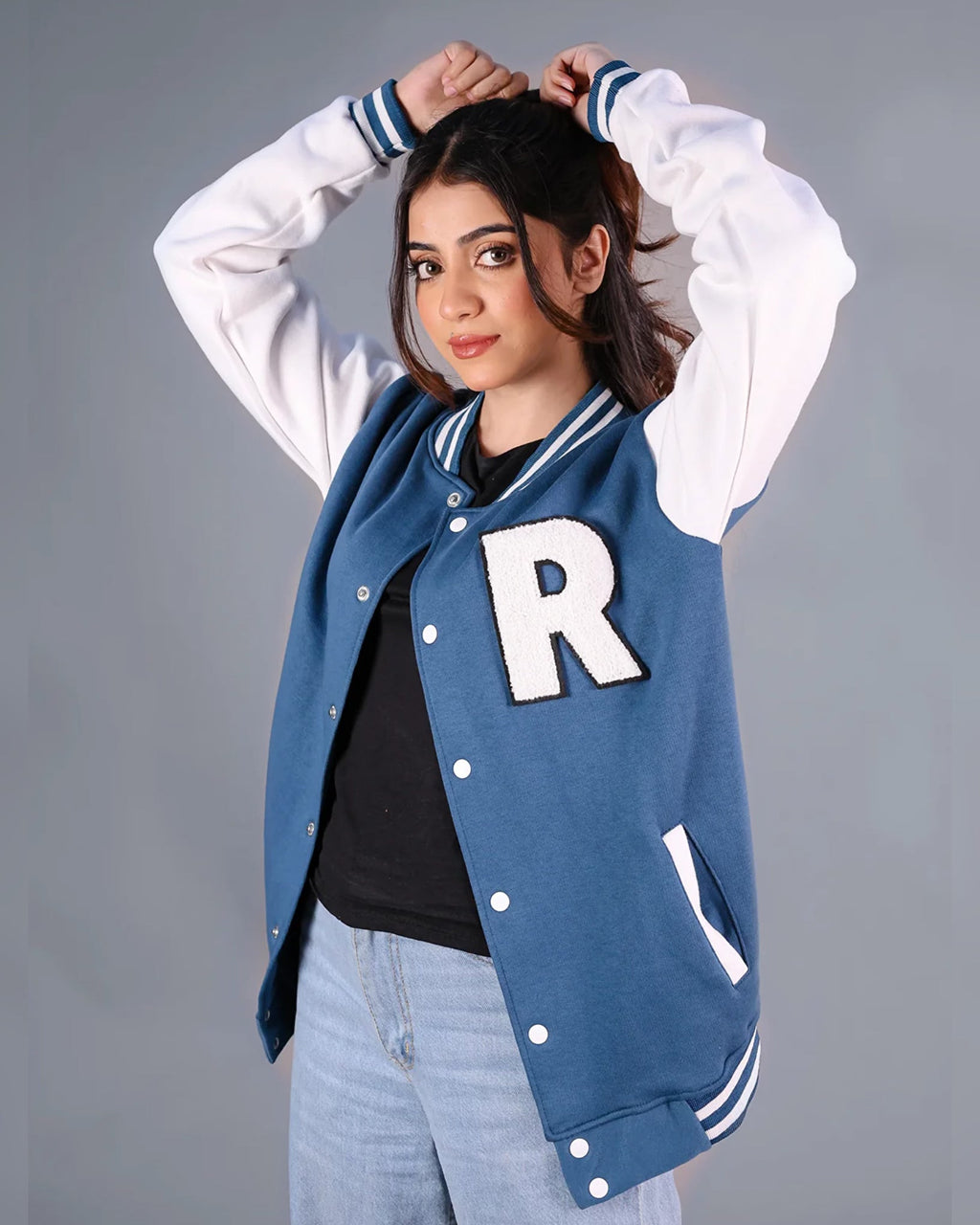 Azure R Patched Button Down Baseball Jacket