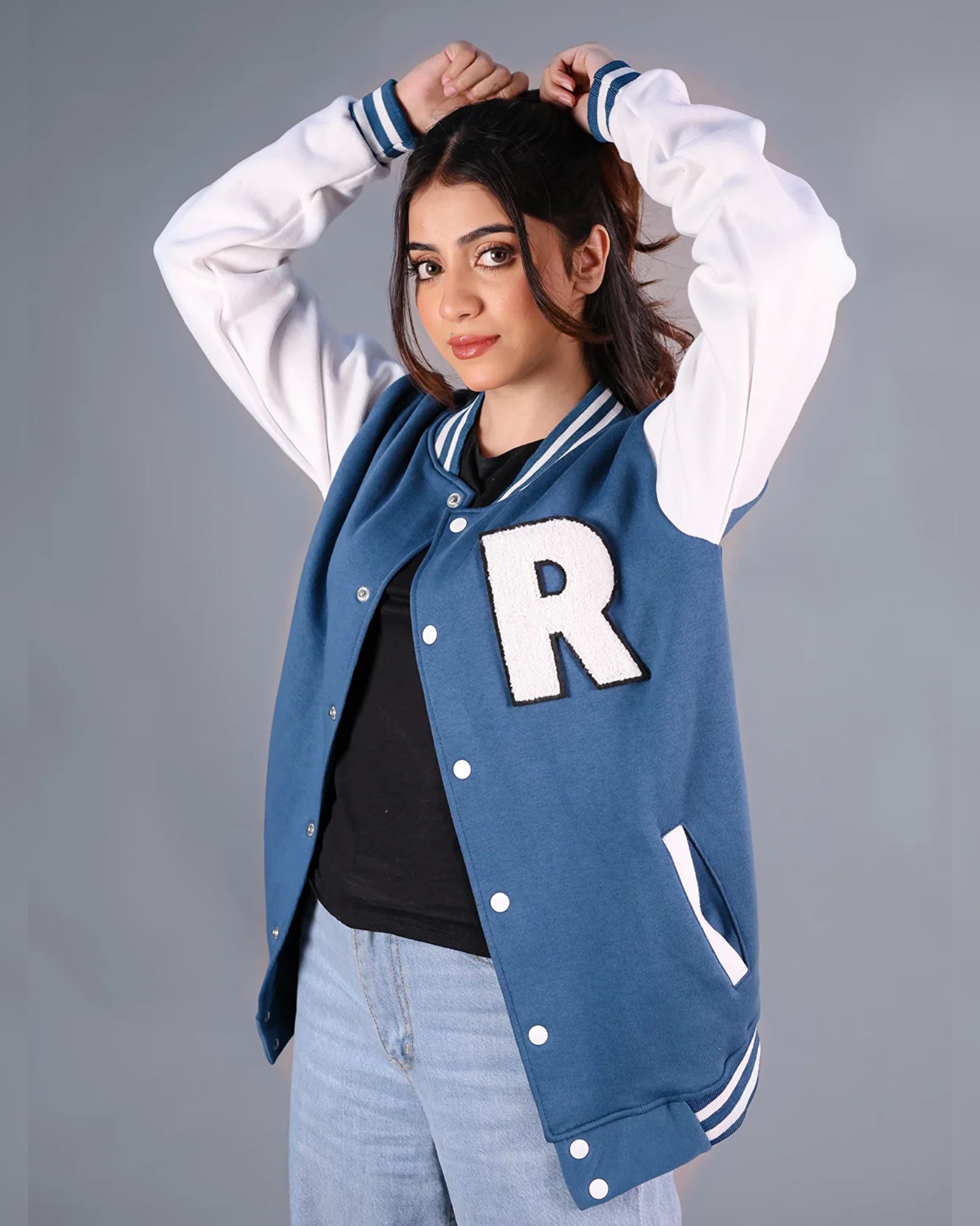 Azure R Patched Button Down Baseball Jacket