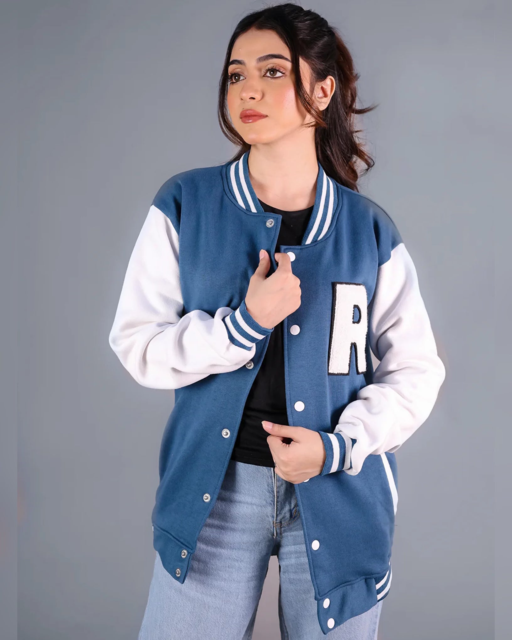 Azure R Patched Button Down Baseball Jacket