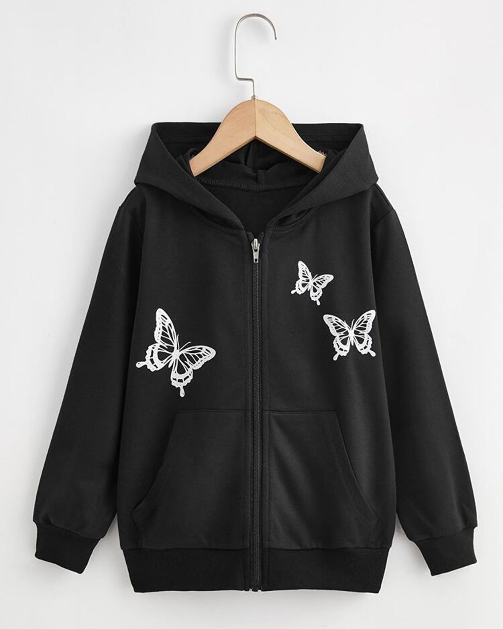 Butterfly Graphic Pull Over Zipper Hood Black