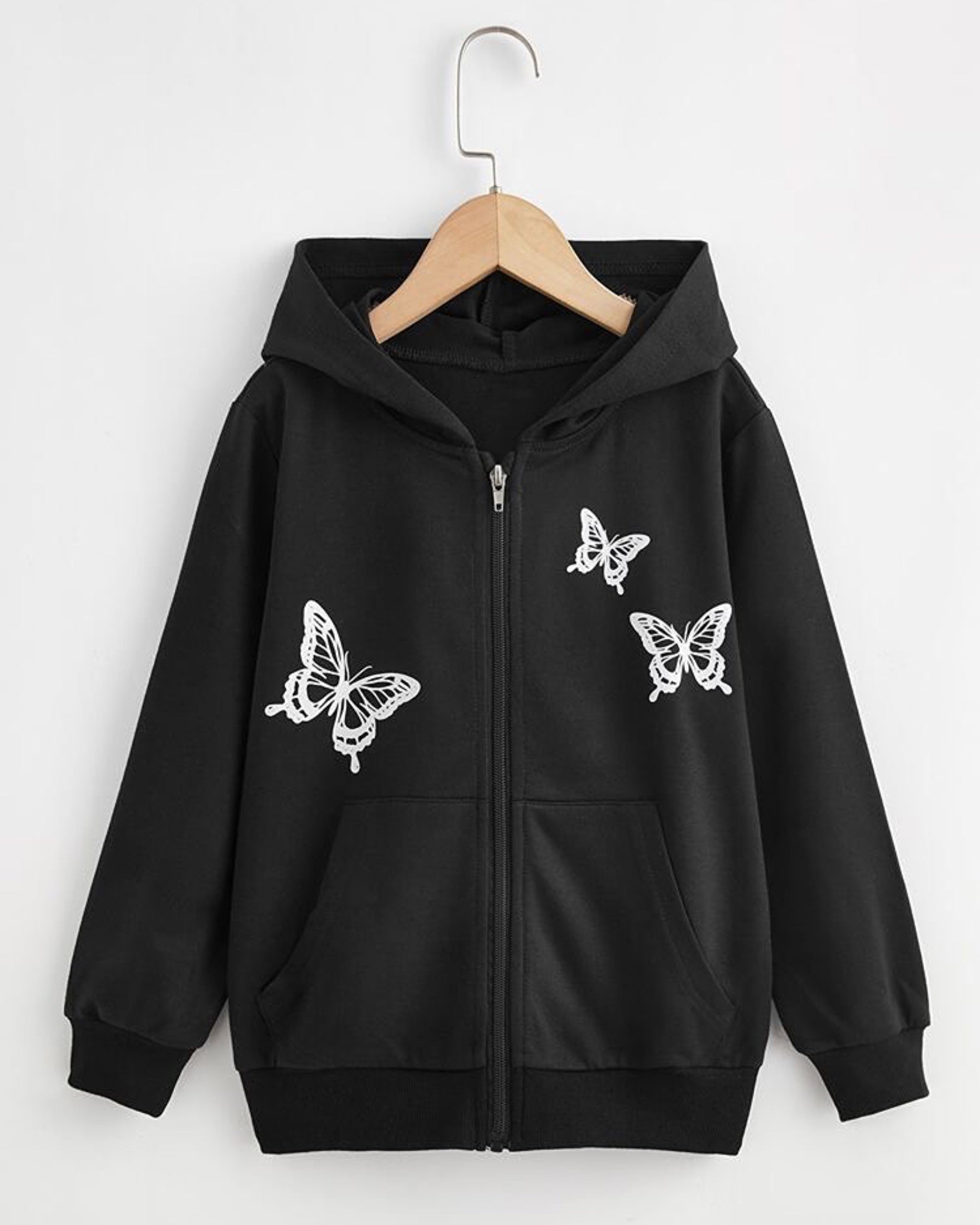 Butterfly Graphic Pull Over Zipper Hood Black