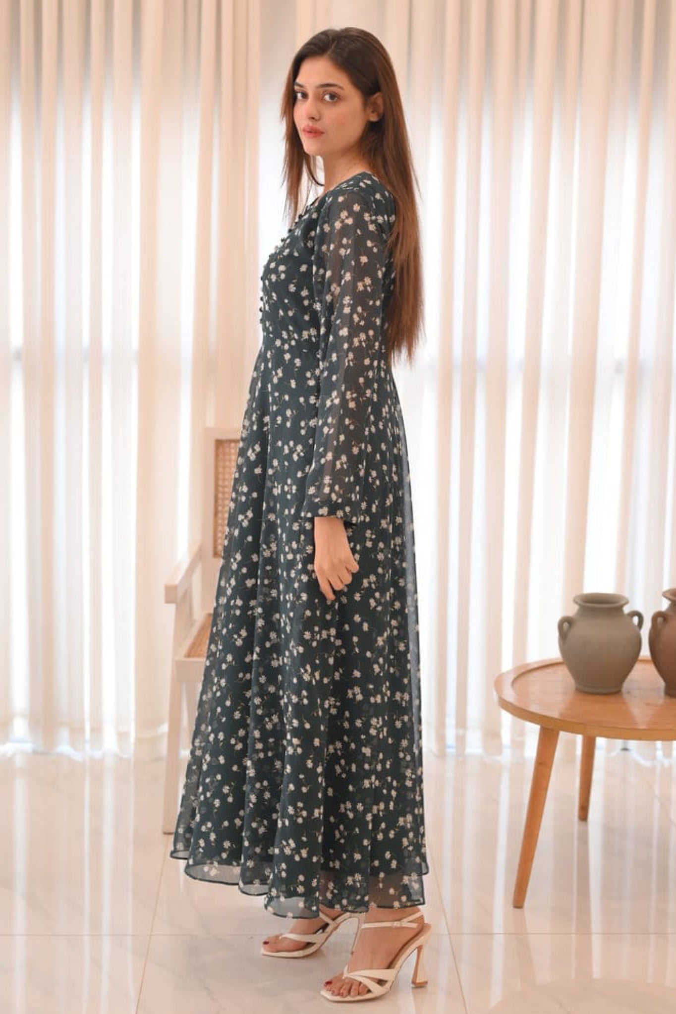 Cardinal Floral Maxi - Black Chiffon Dress ( Inner Attached )
