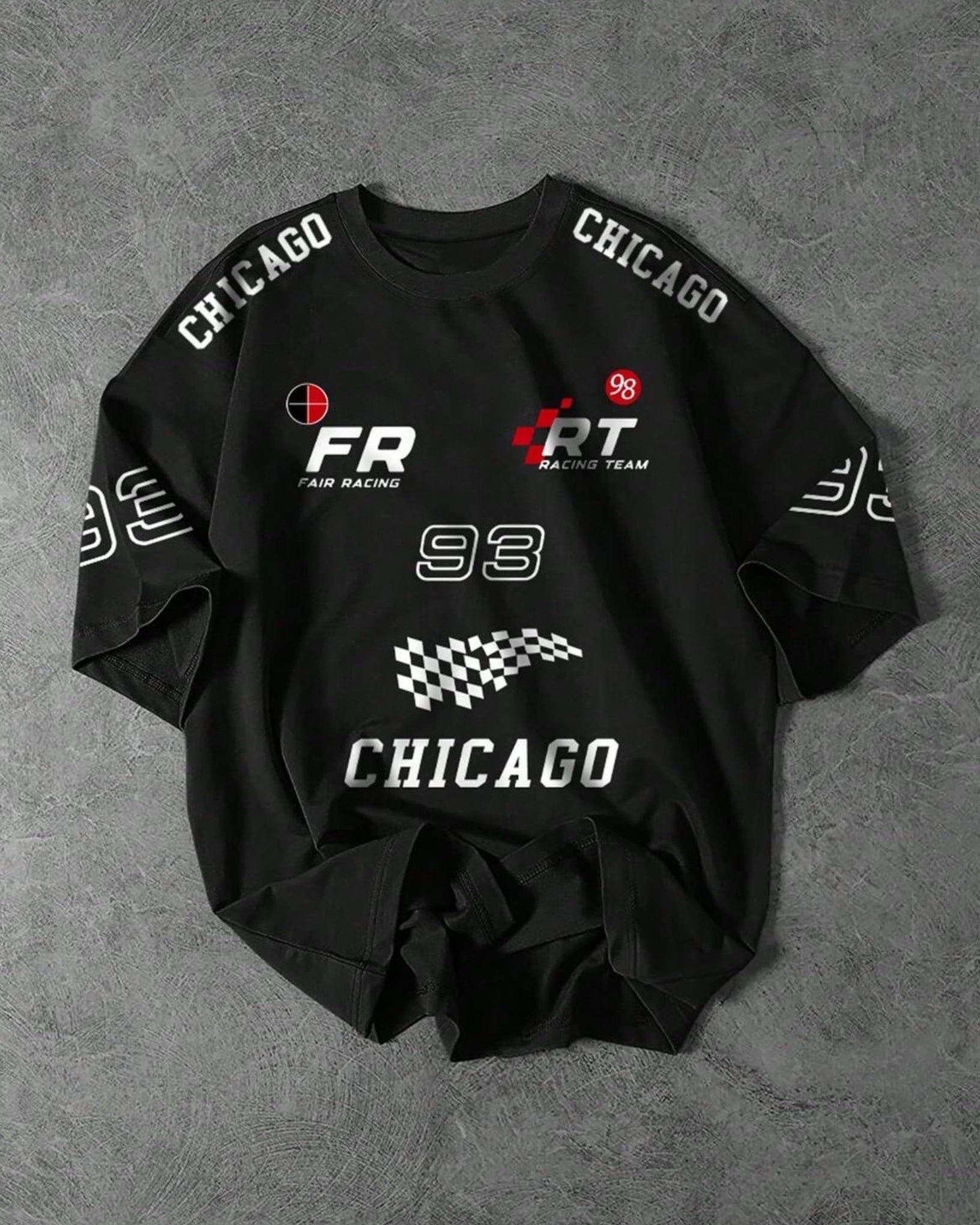 Team FR Chicago Graphic Drop Shoulder Oversized T-shirt Black