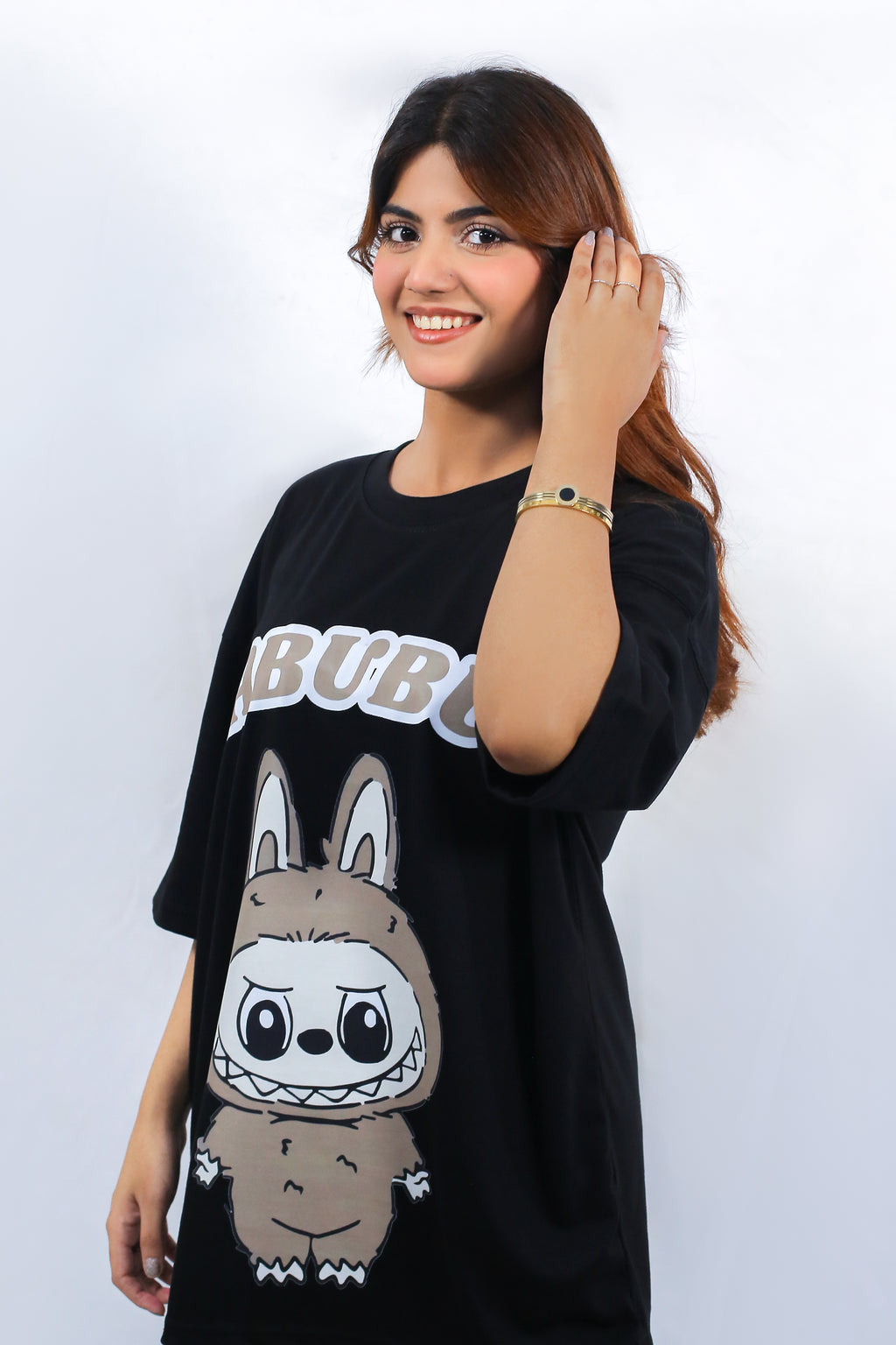 Labubu Graphic Drop Shoulder Oversized Tee Black