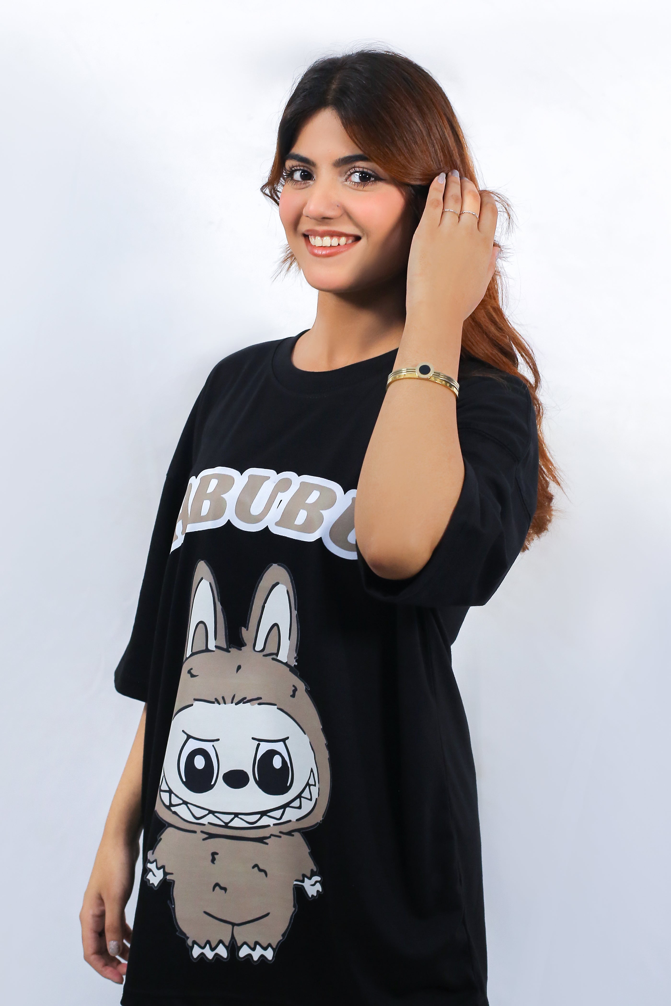 Labubu Graphic Drop Shoulder Oversized Tee Black