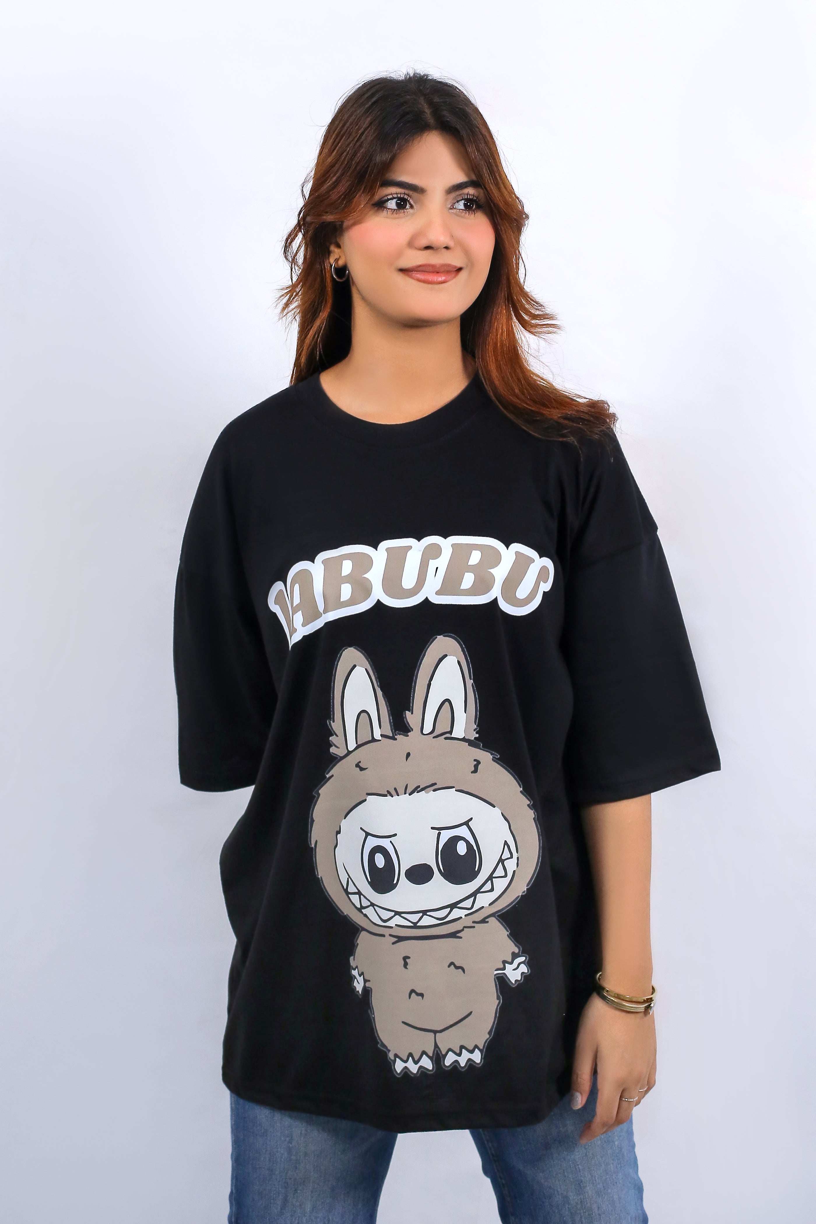 Labubu Graphic Drop Shoulder Oversized Tee Black