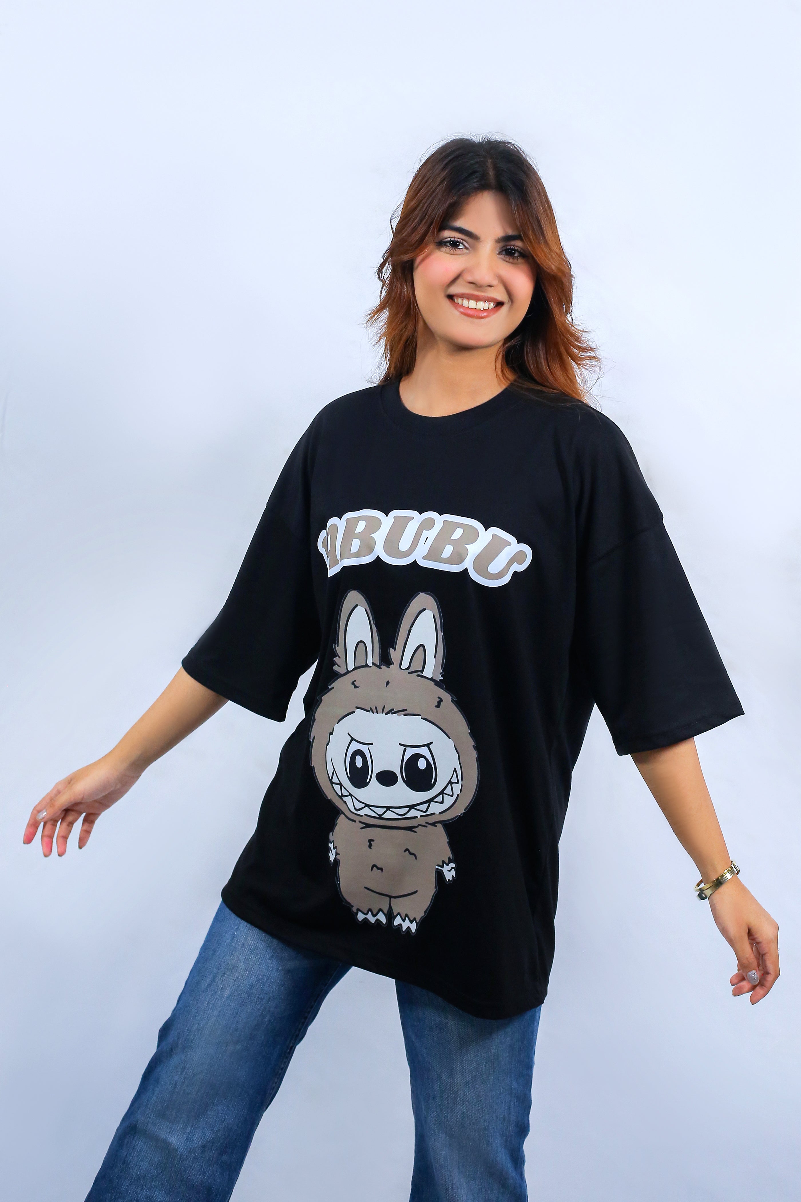 Labubu Graphic Drop Shoulder Oversized Tee Black
