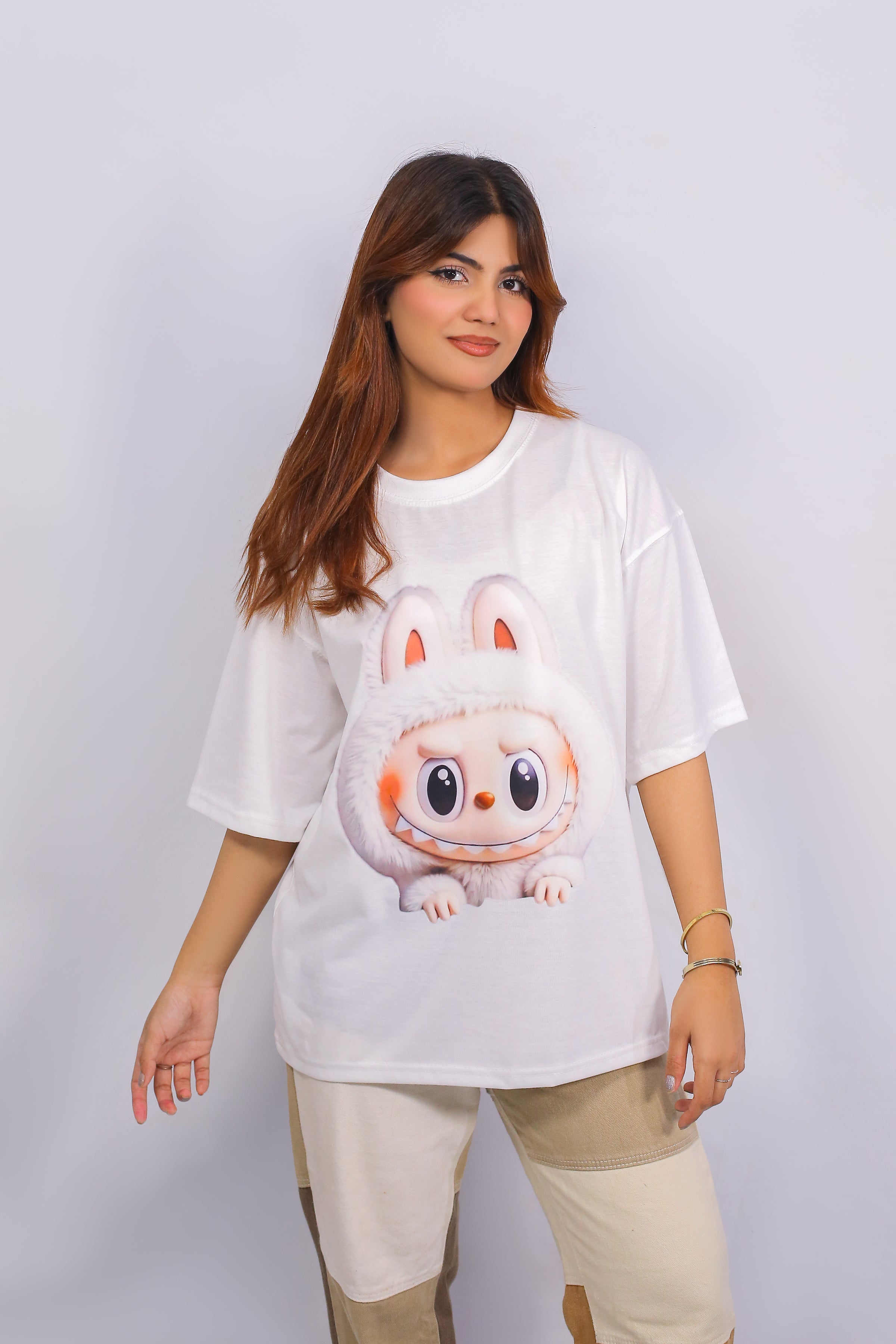 Labubu Graphic Drop Shoulder Oversized Tee White