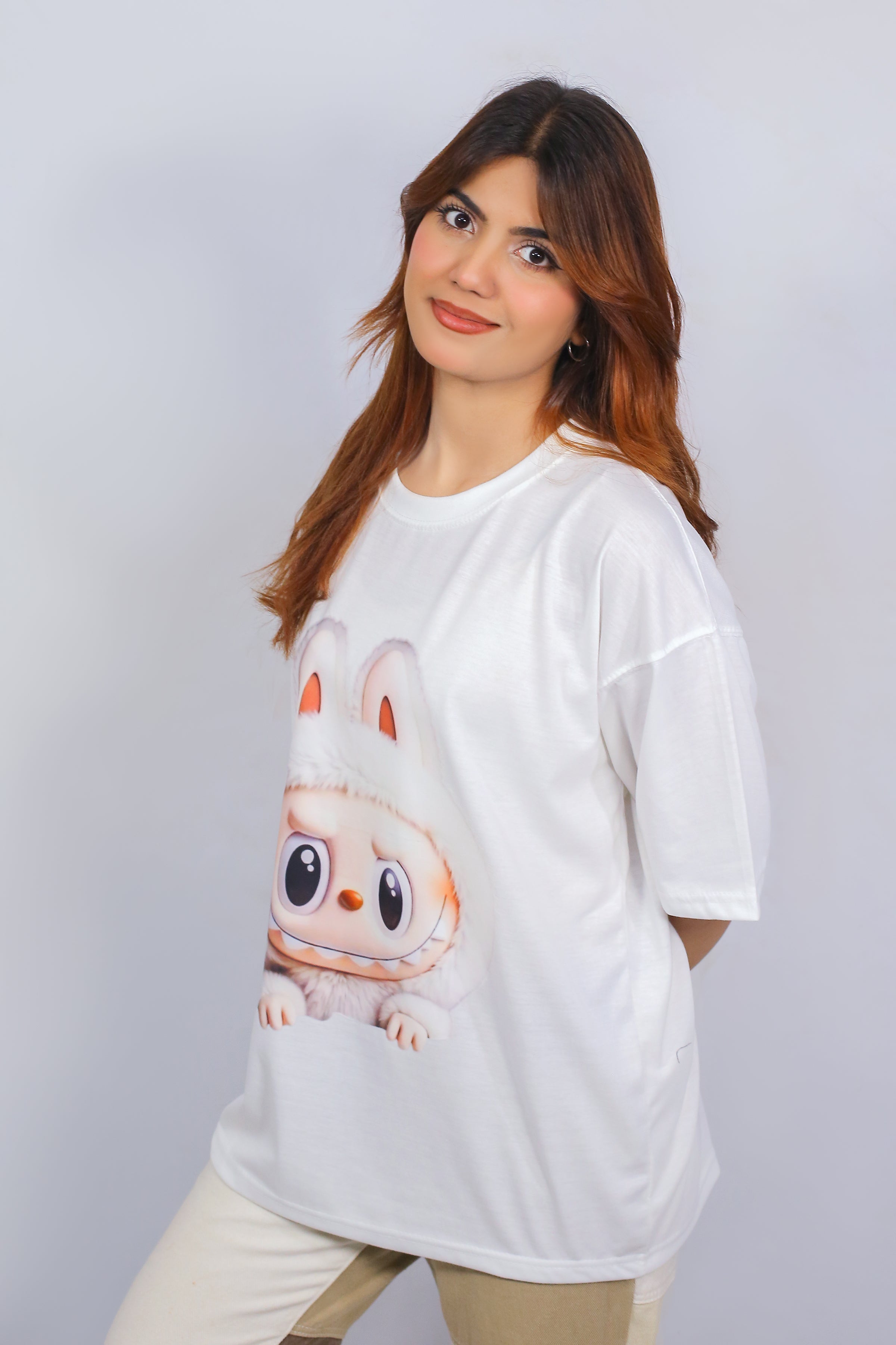 Labubu Graphic Drop Shoulder Oversized Tee White