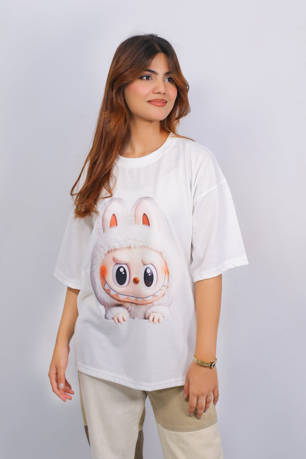 Labubu Graphic Drop Shoulder Oversized Tee White