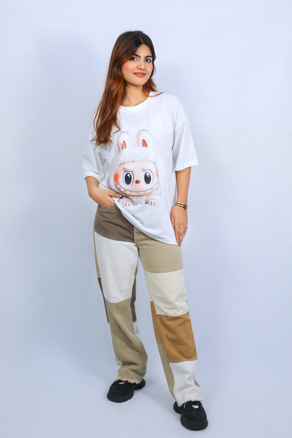 Labubu Graphic Drop Shoulder Oversized Tee White