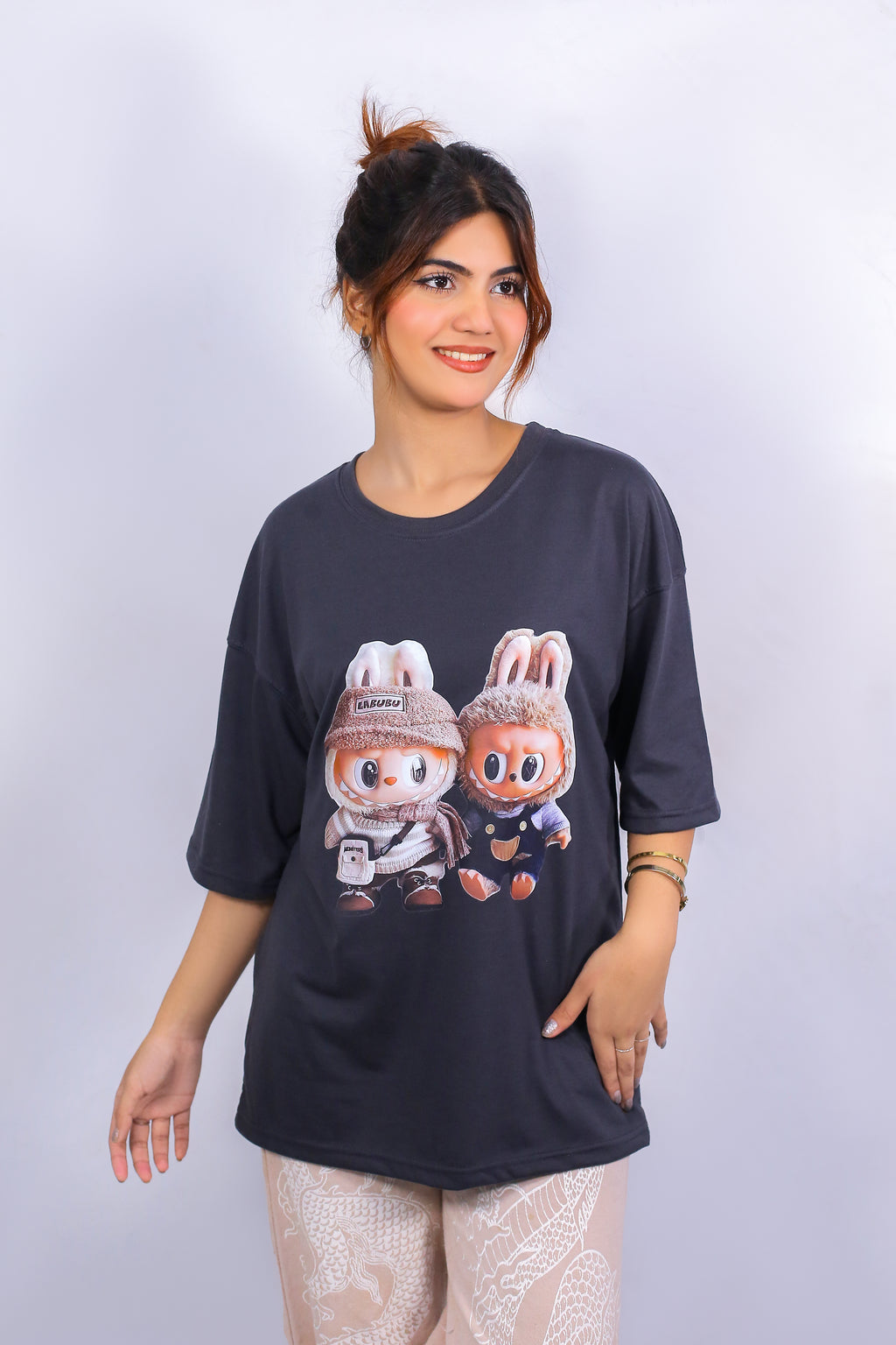 Labubu Graphic Drop Shoulder Oversized Tee Charcoal Grey