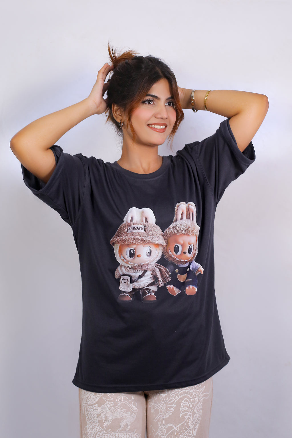 Labubu Graphic Drop Shoulder Oversized Tee Charcoal Grey