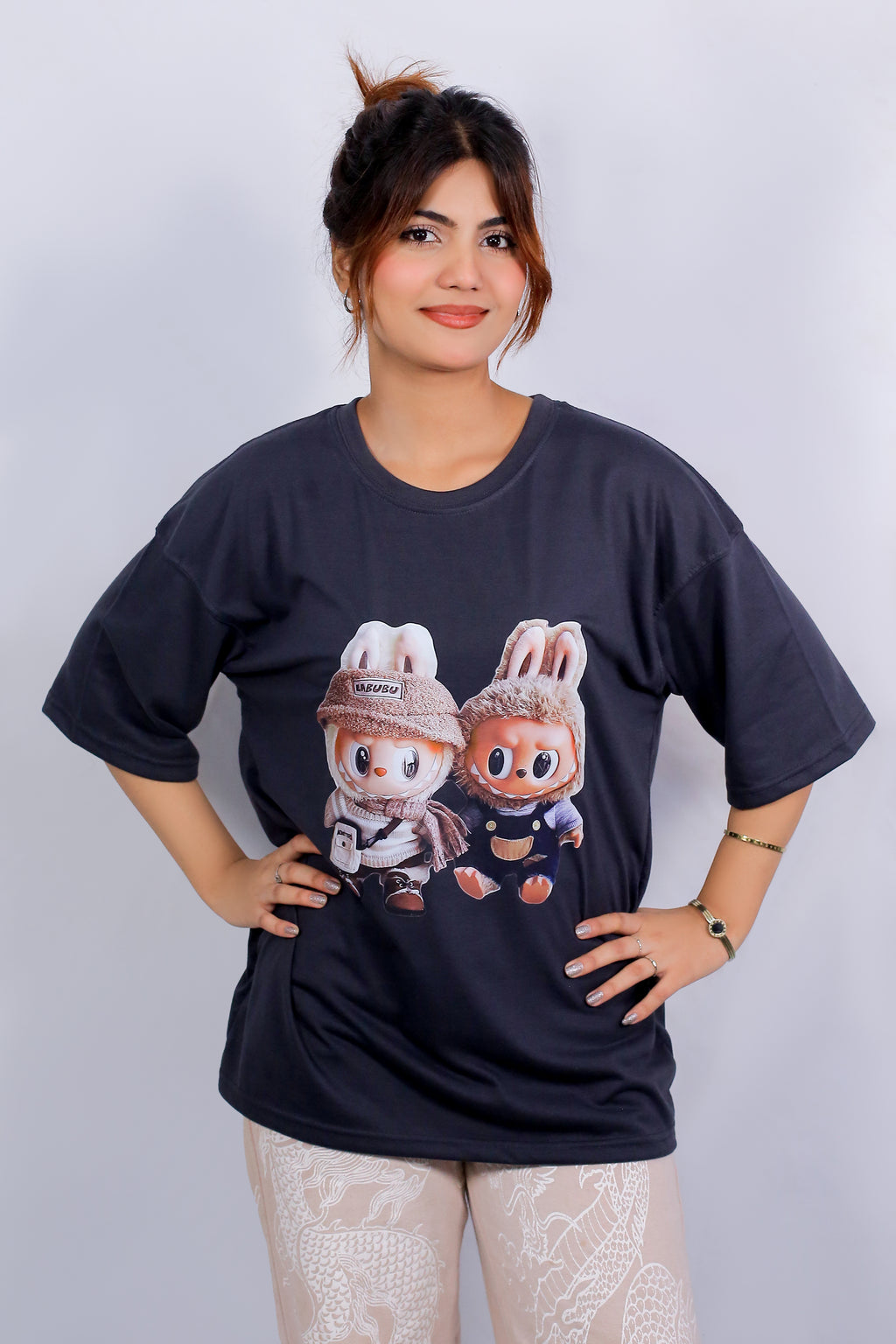 Labubu Graphic Drop Shoulder Oversized Tee Charcoal Grey