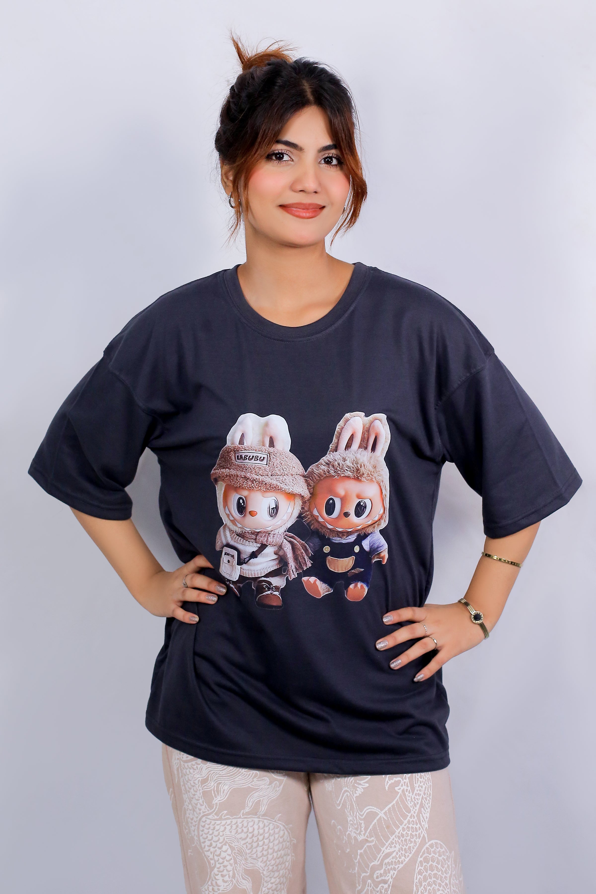 Labubu Graphic Drop Shoulder Oversized Tee Charcoal Grey