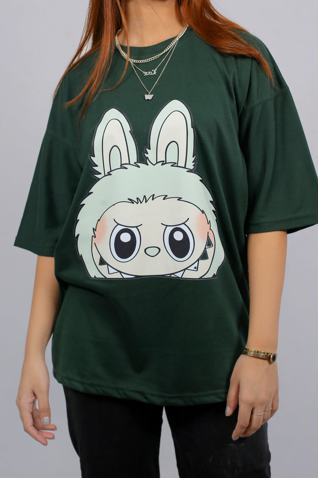 Labubu Graphic Drop Shoulder Oversized Tee Dark Green