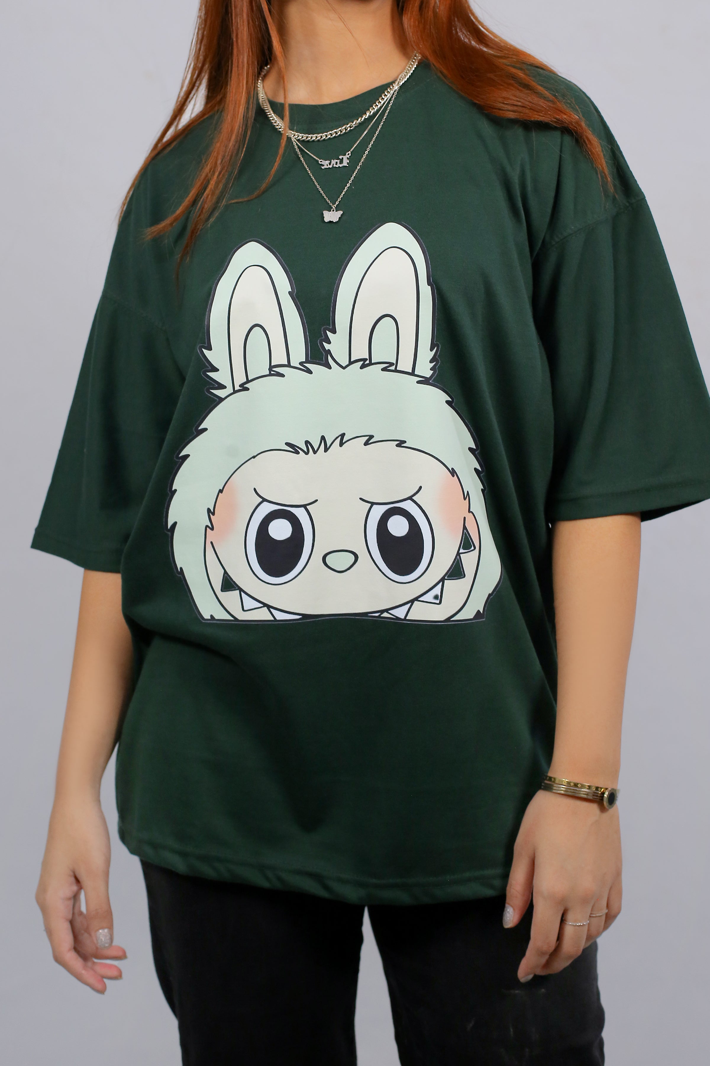 Labubu Graphic Drop Shoulder Oversized Tee Dark Green