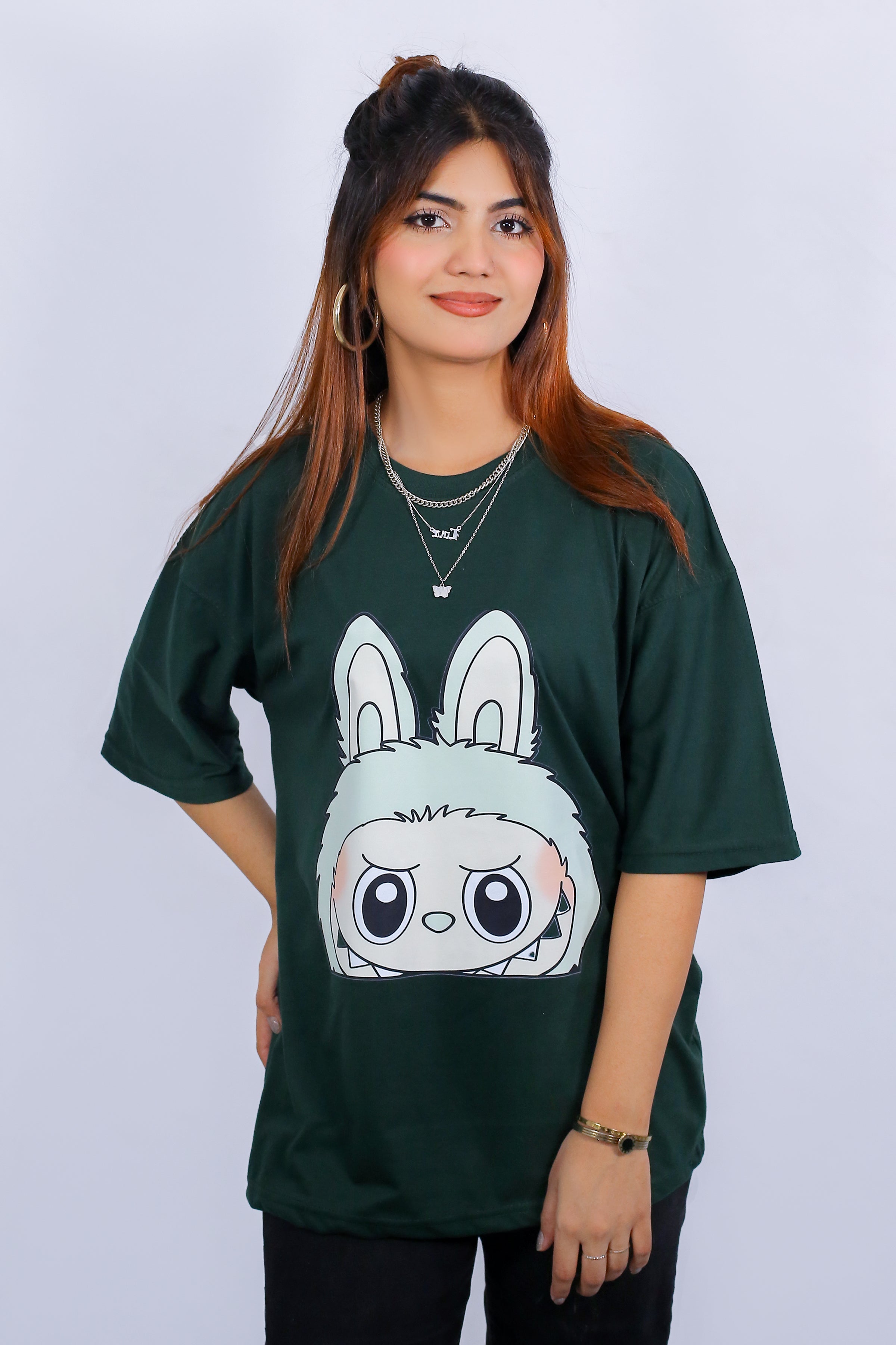 Labubu Graphic Drop Shoulder Oversized Tee Dark Green
