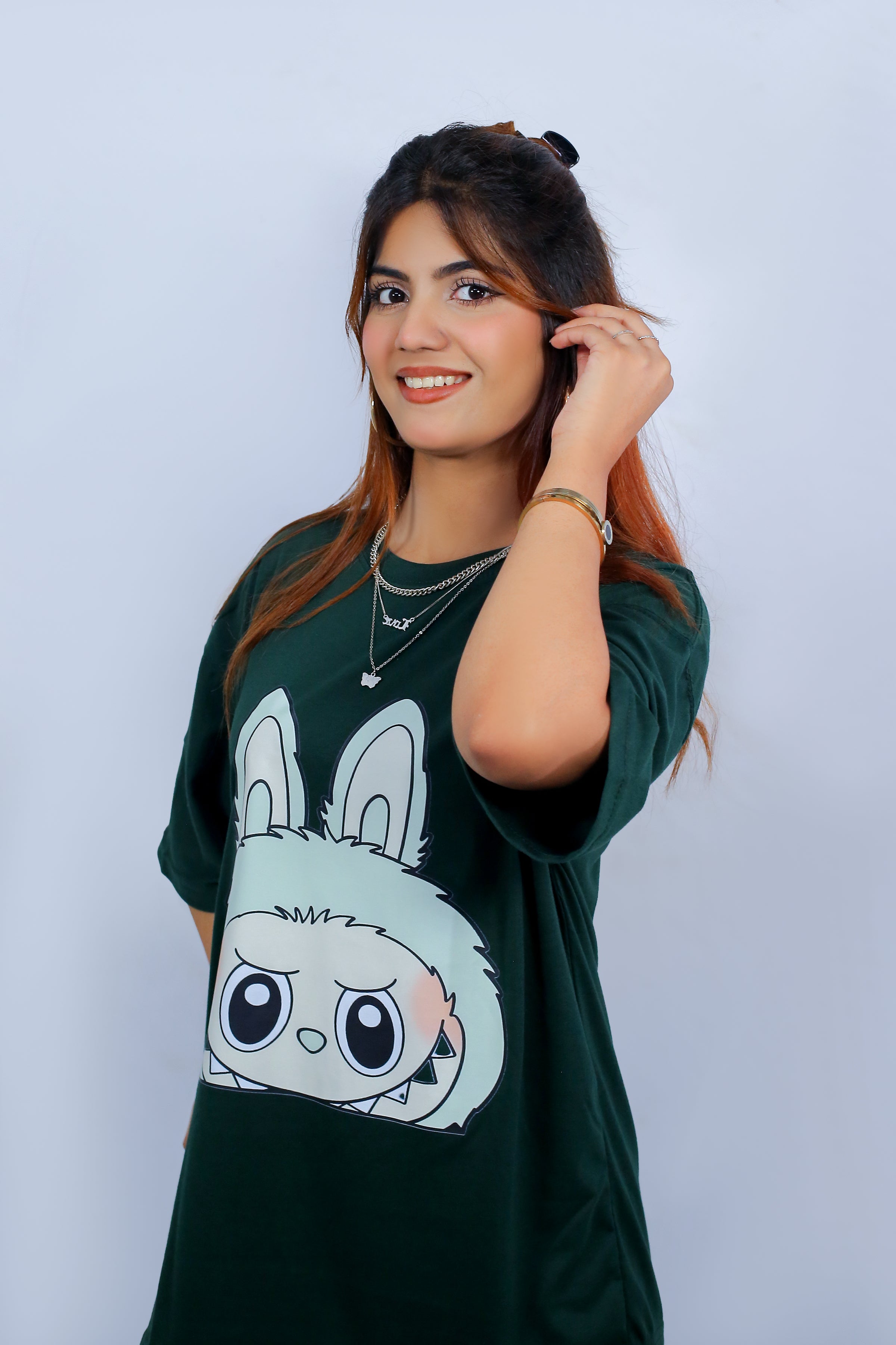 Labubu Graphic Drop Shoulder Oversized Tee Dark Green