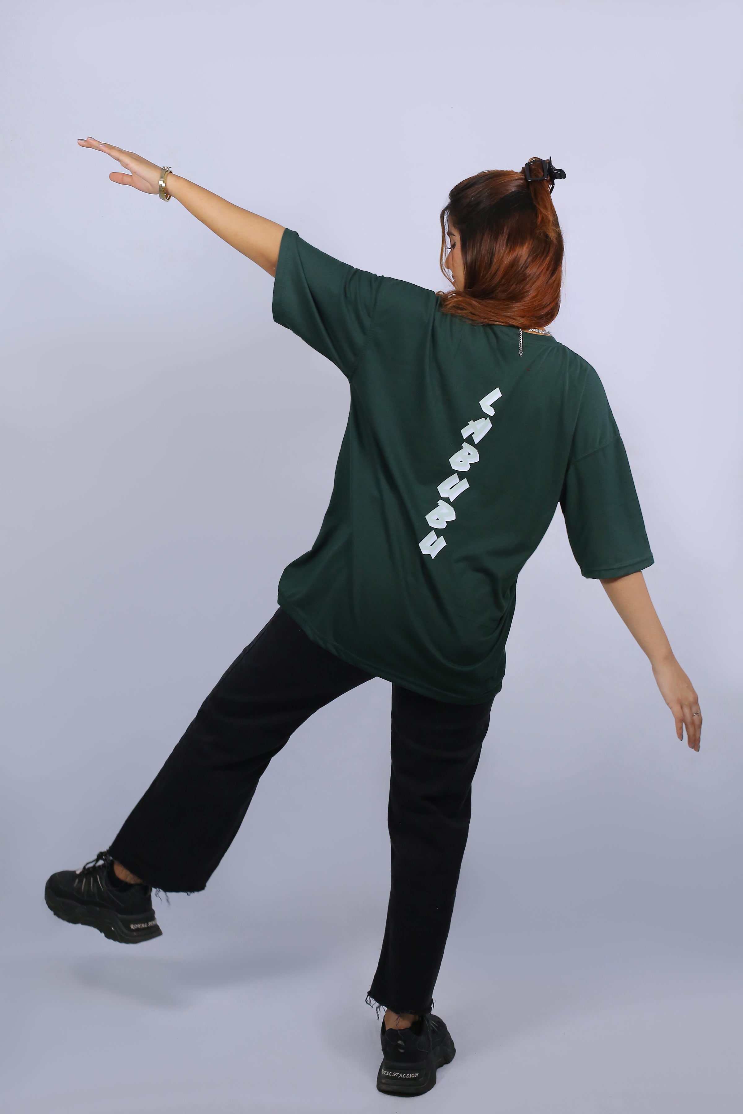 Labubu Graphic Drop Shoulder Oversized Tee Dark Green