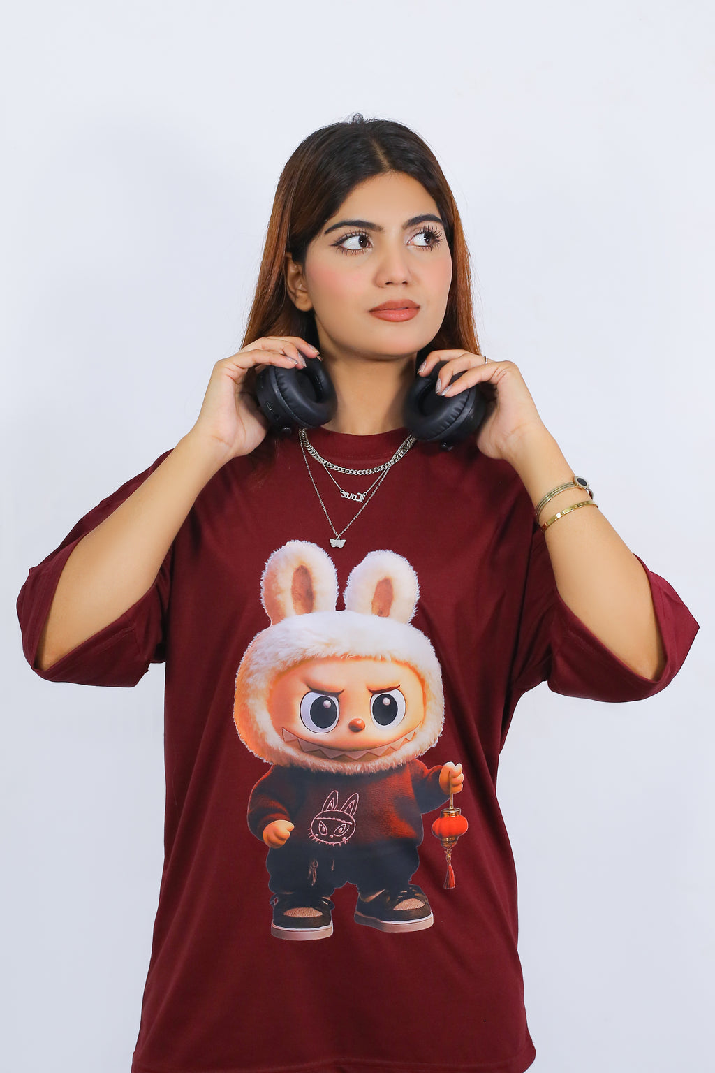 Labubu Graphic Drop Shoulder Oversized Tee Mahroon