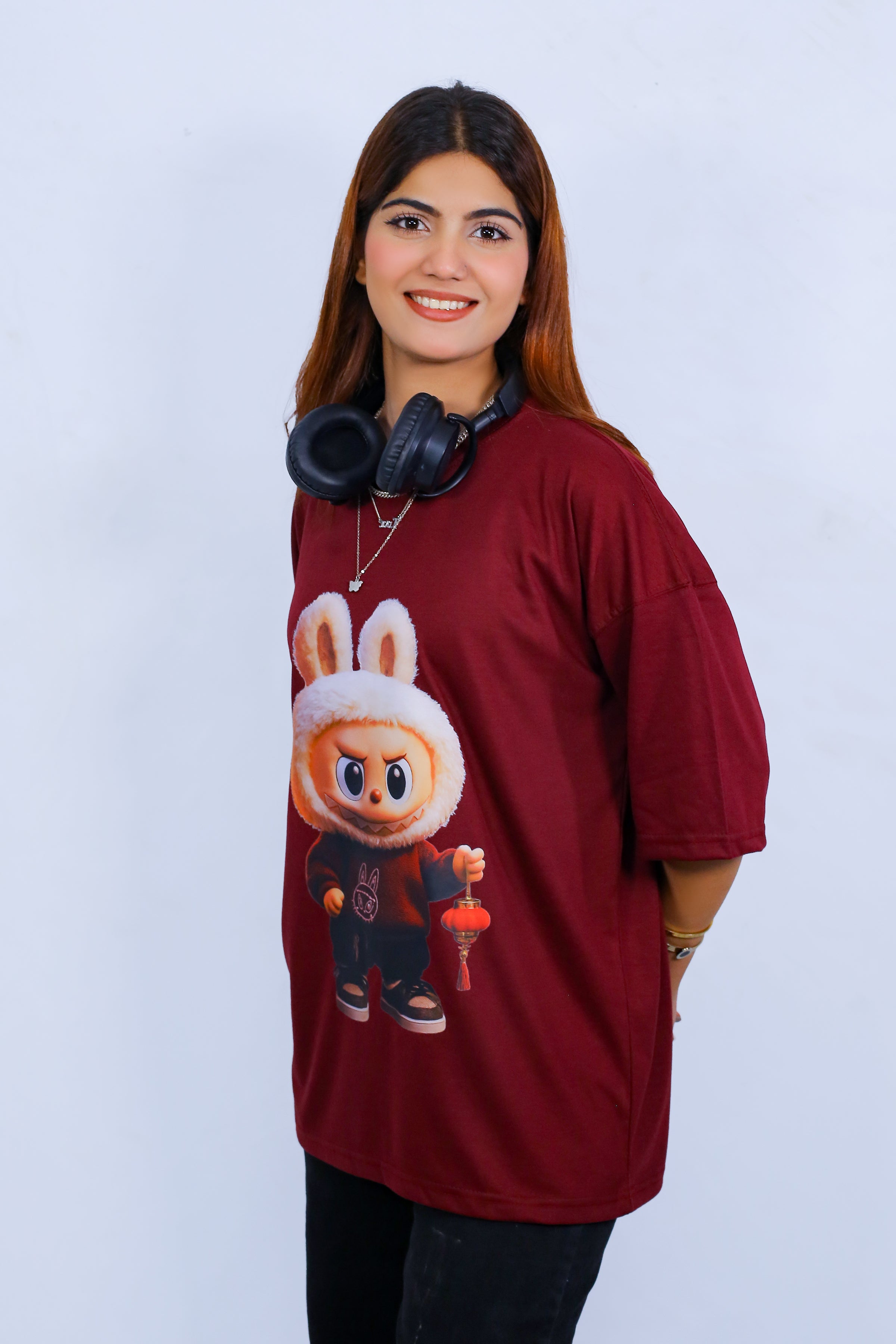 Labubu Graphic Drop Shoulder Oversized Tee Mahroon