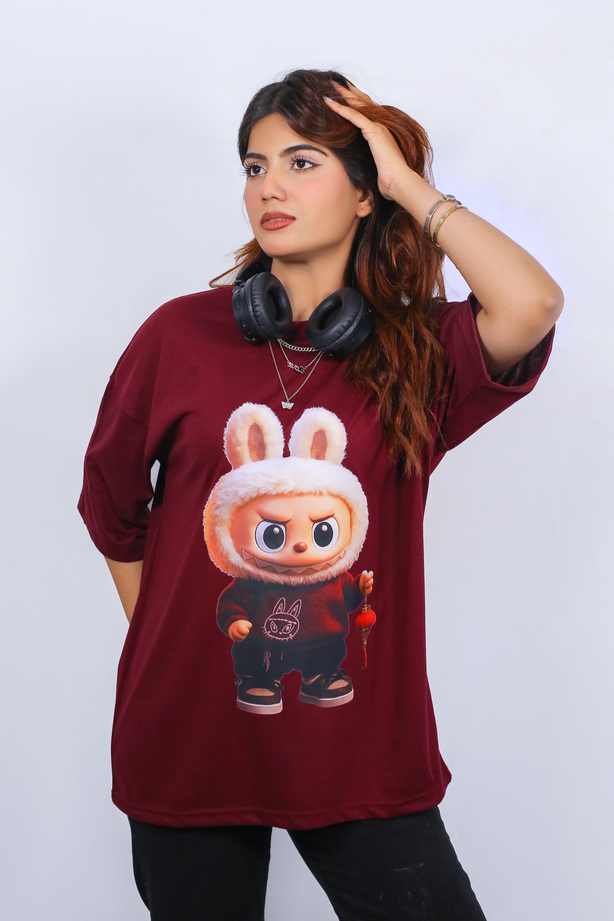 Labubu Graphic Drop Shoulder Oversized Tee Mahroon