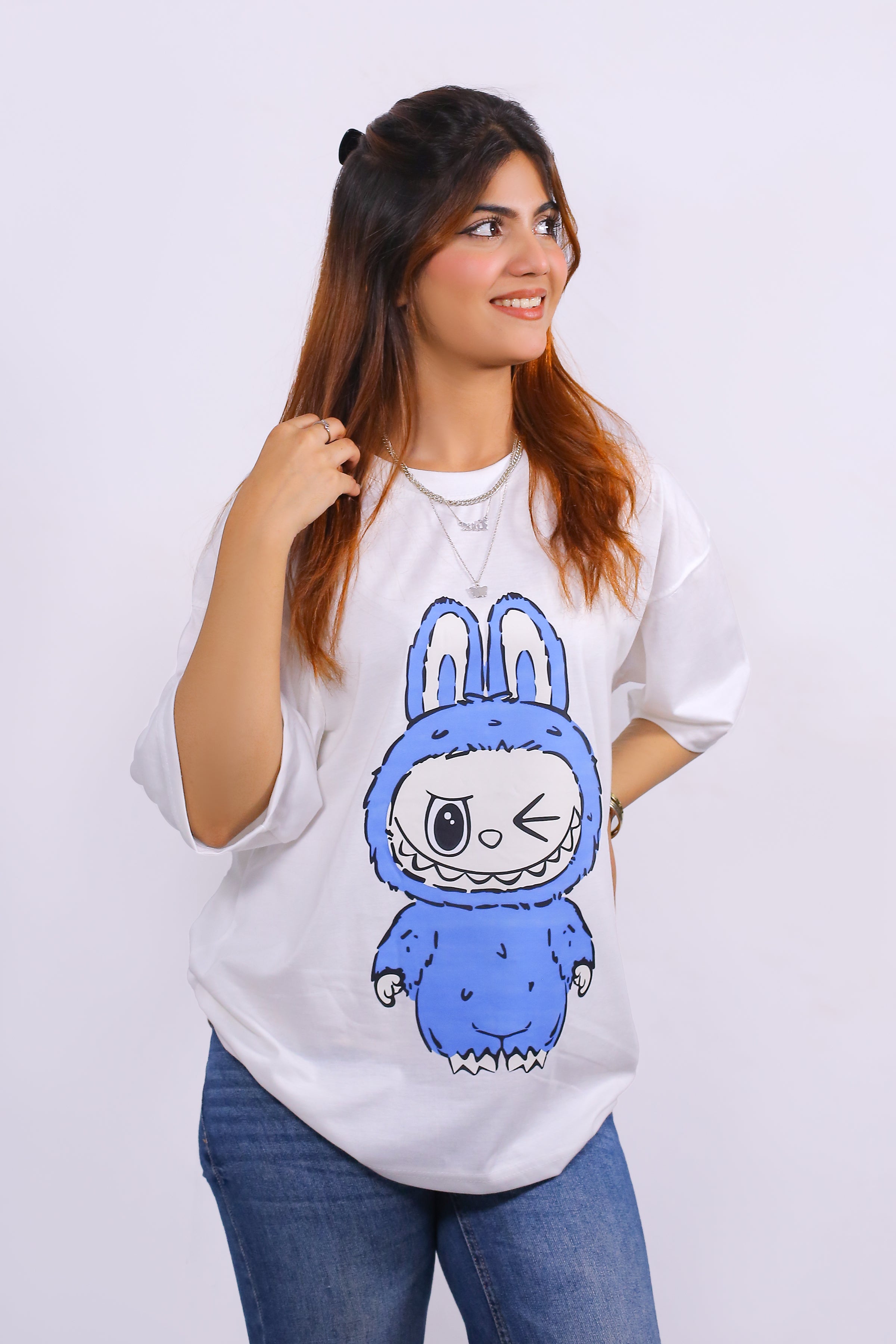 Labubu Graphic Drop Shoulder Oversized Tee White
