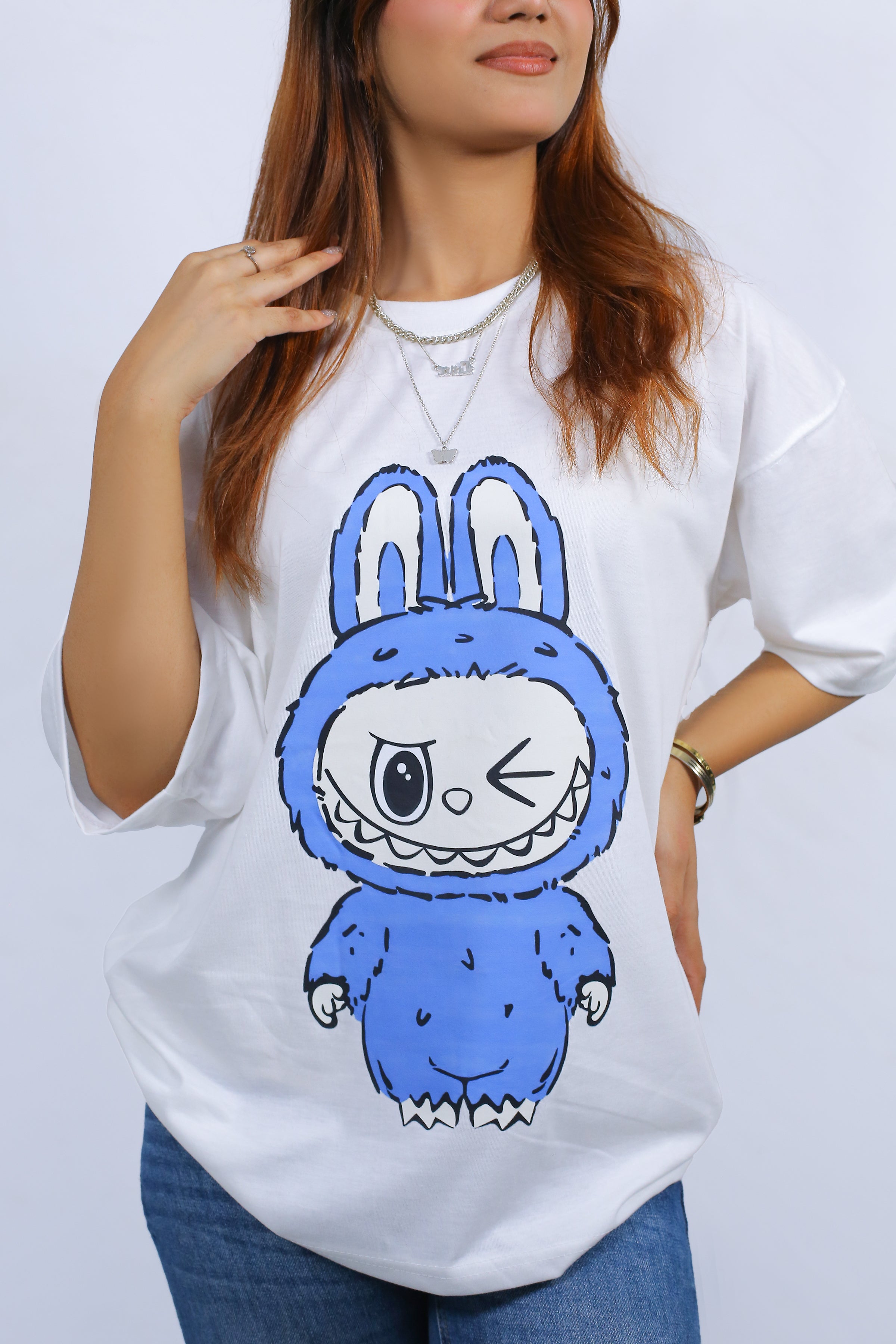Labubu Graphic Drop Shoulder Oversized Tee White