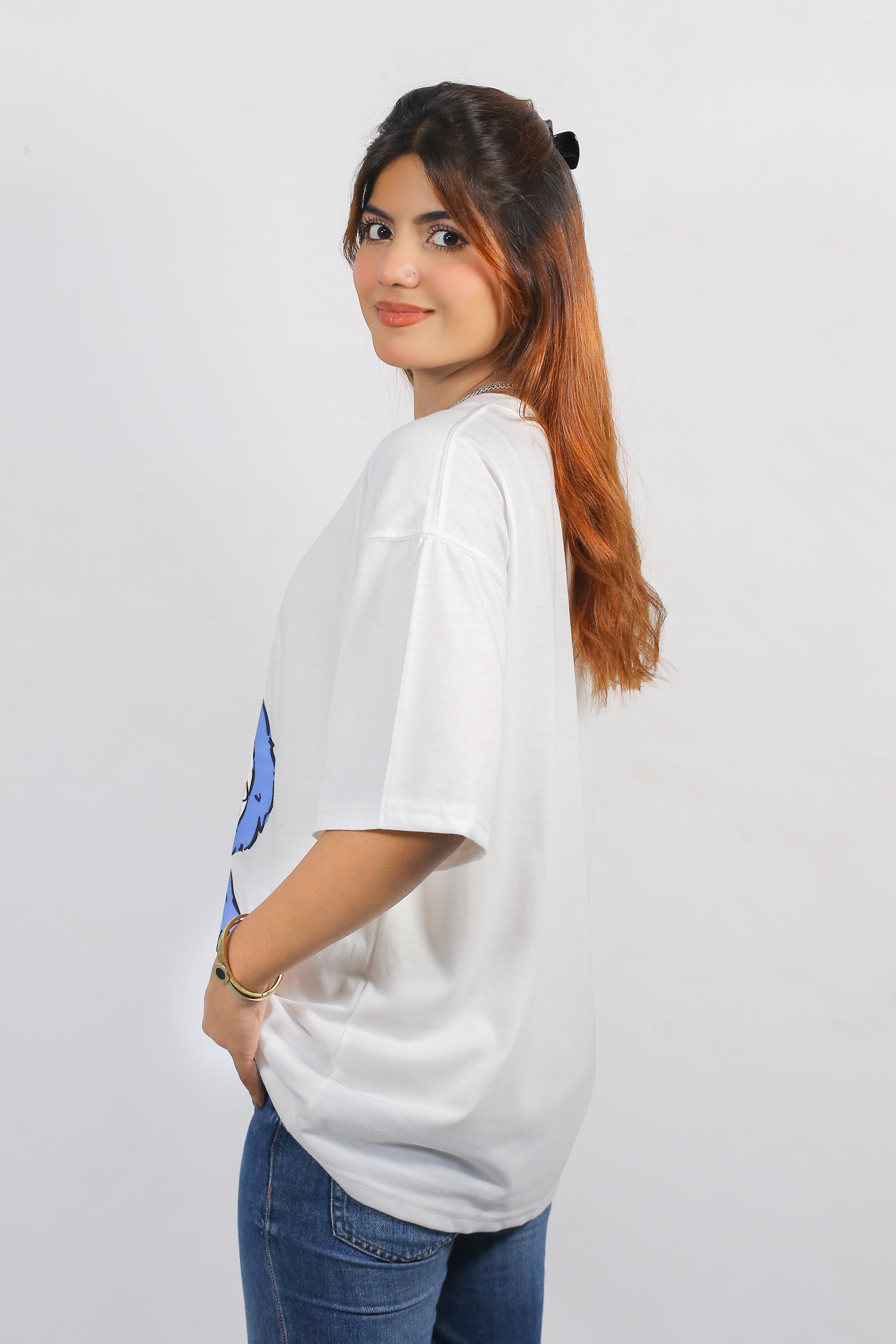 Labubu Graphic Drop Shoulder Oversized Tee White