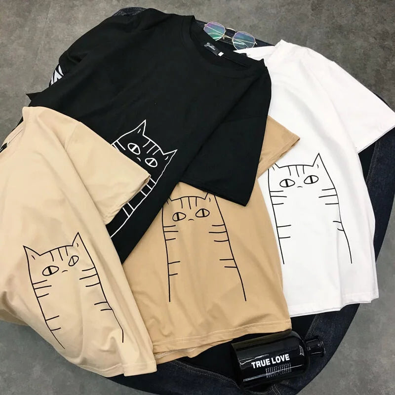 Cat Watching Graphic Drop Shoulder Oversized Tee
