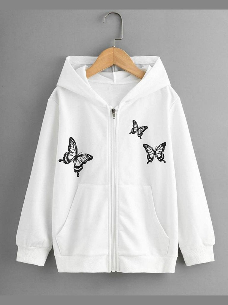 Butterfly Graphic Pull Over Zipper Hood White