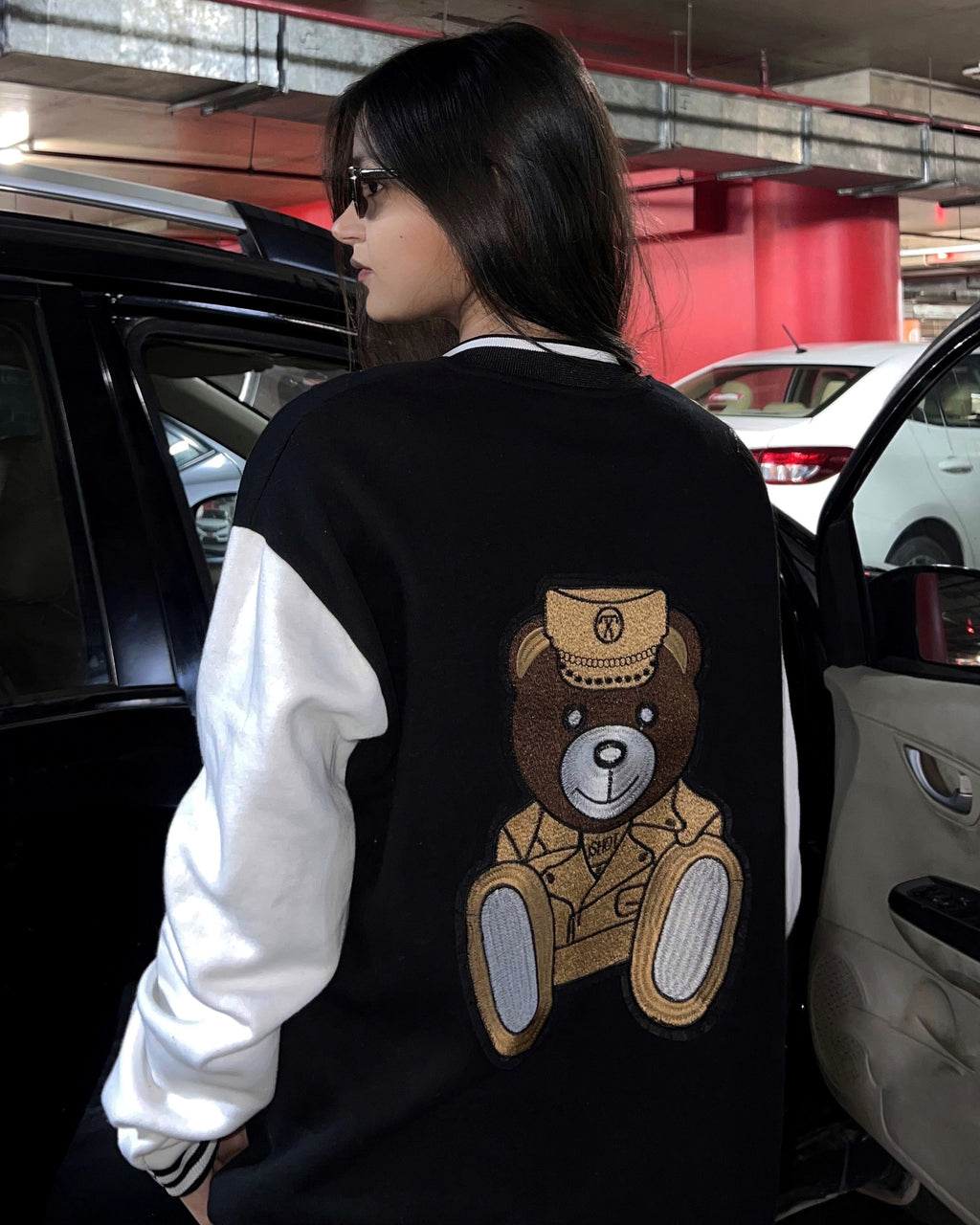 Moschino Bear Patched Button Down Baseball Varsity Bomber Jacket Black