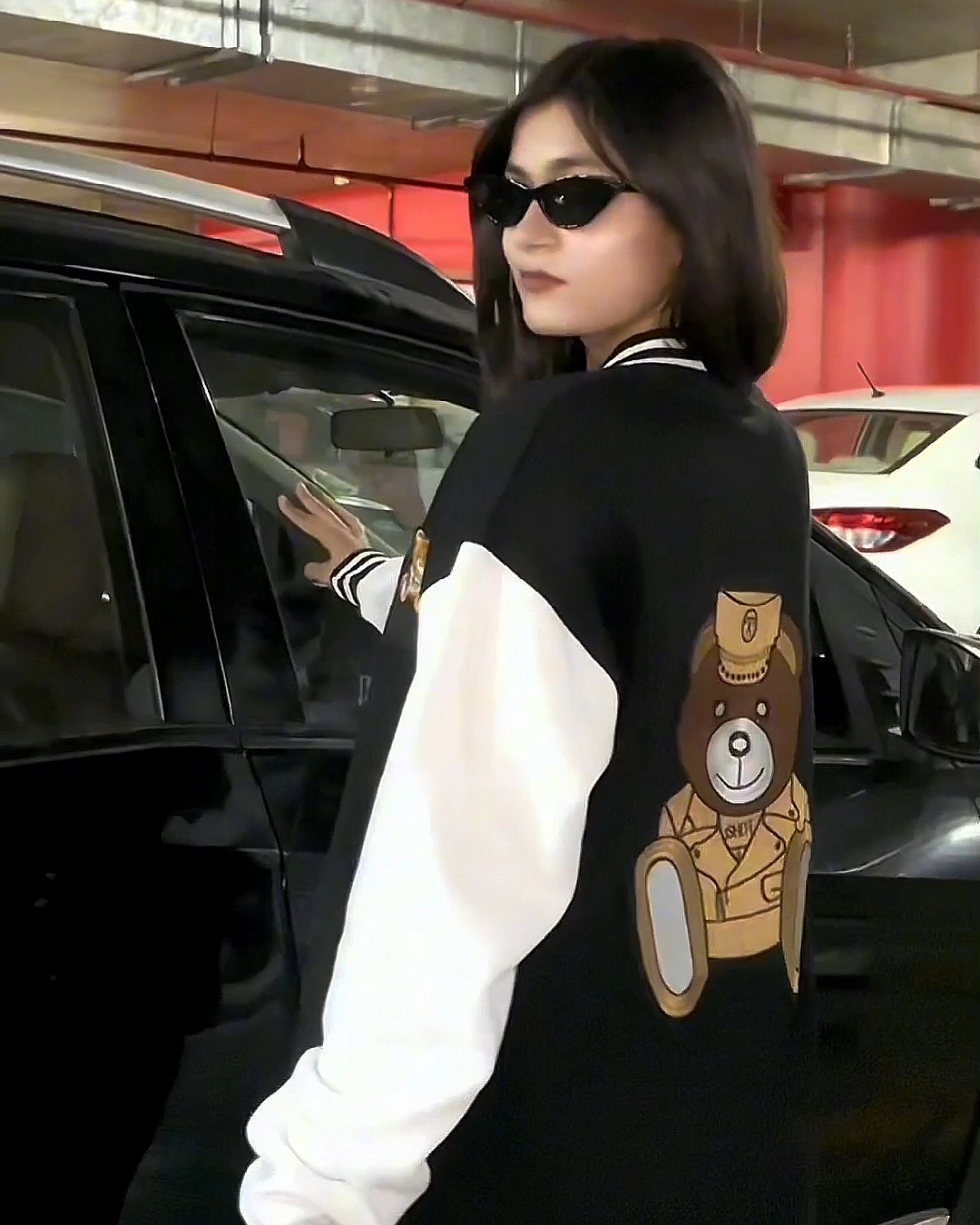 Moschino Bear Patched Button Down Baseball Varsity Bomber Jacket Black
