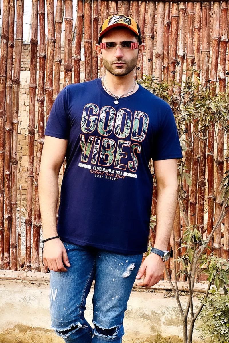 Good Vibes Graphic Mens T-shirt- Navy Blue free-gift-icon