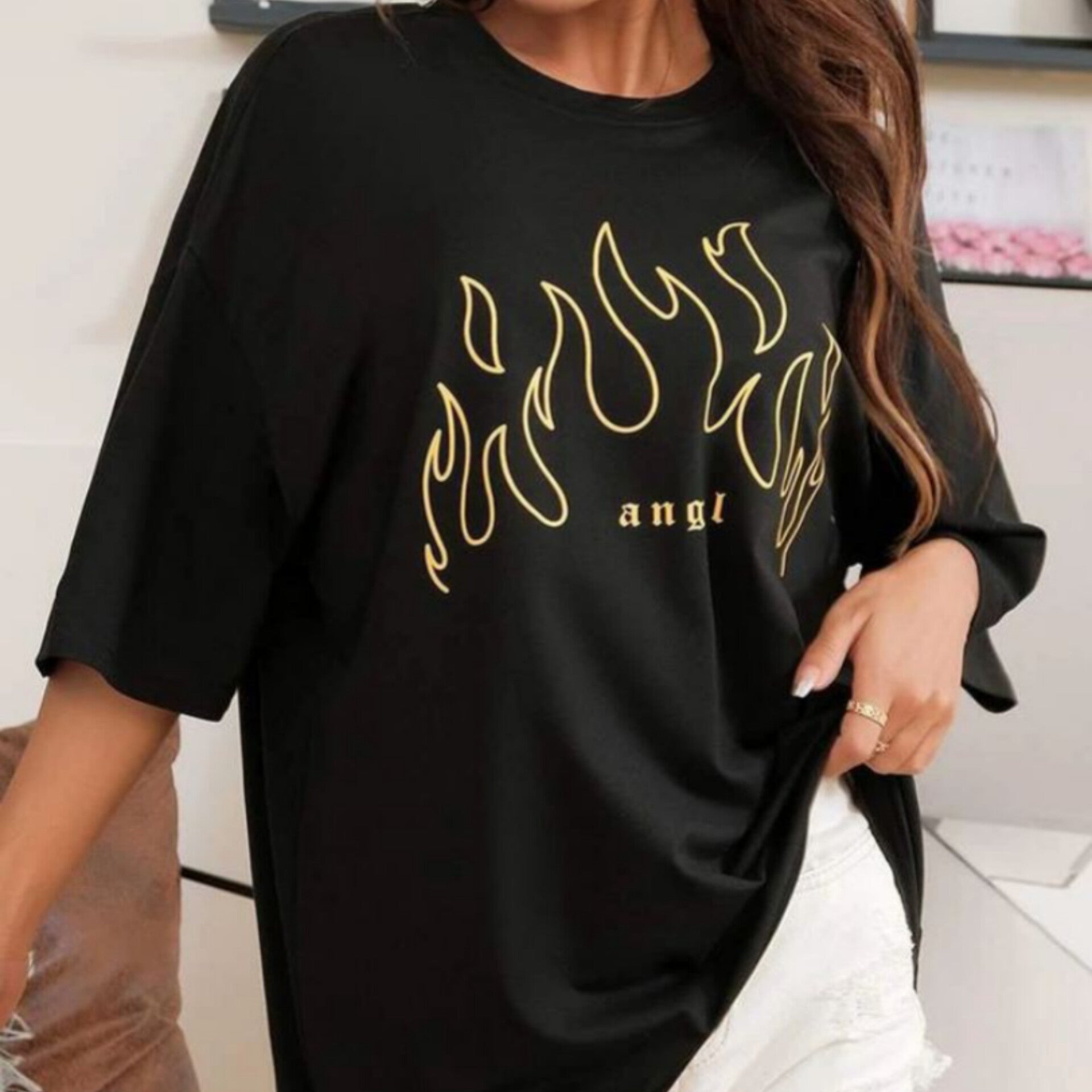 Letter & Fire Graphic Drop Shoulder Oversized Tee