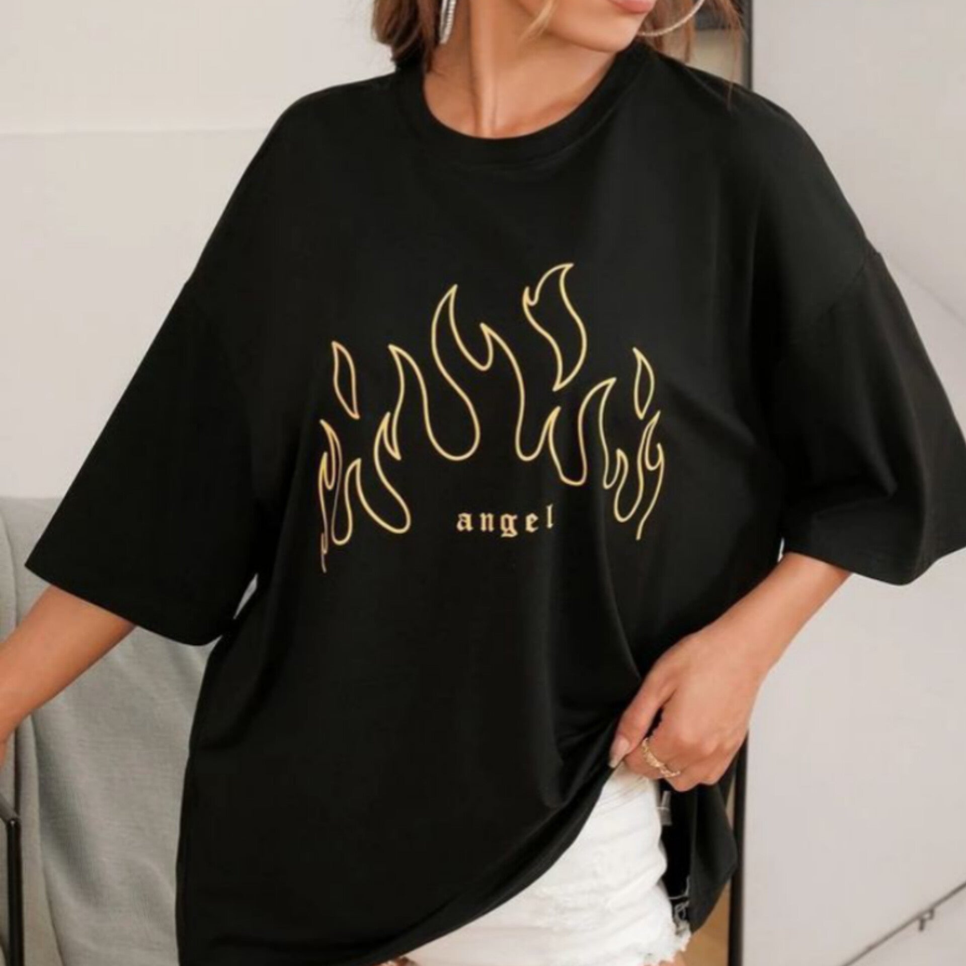 Letter & Fire Graphic Drop Shoulder Oversized Tee