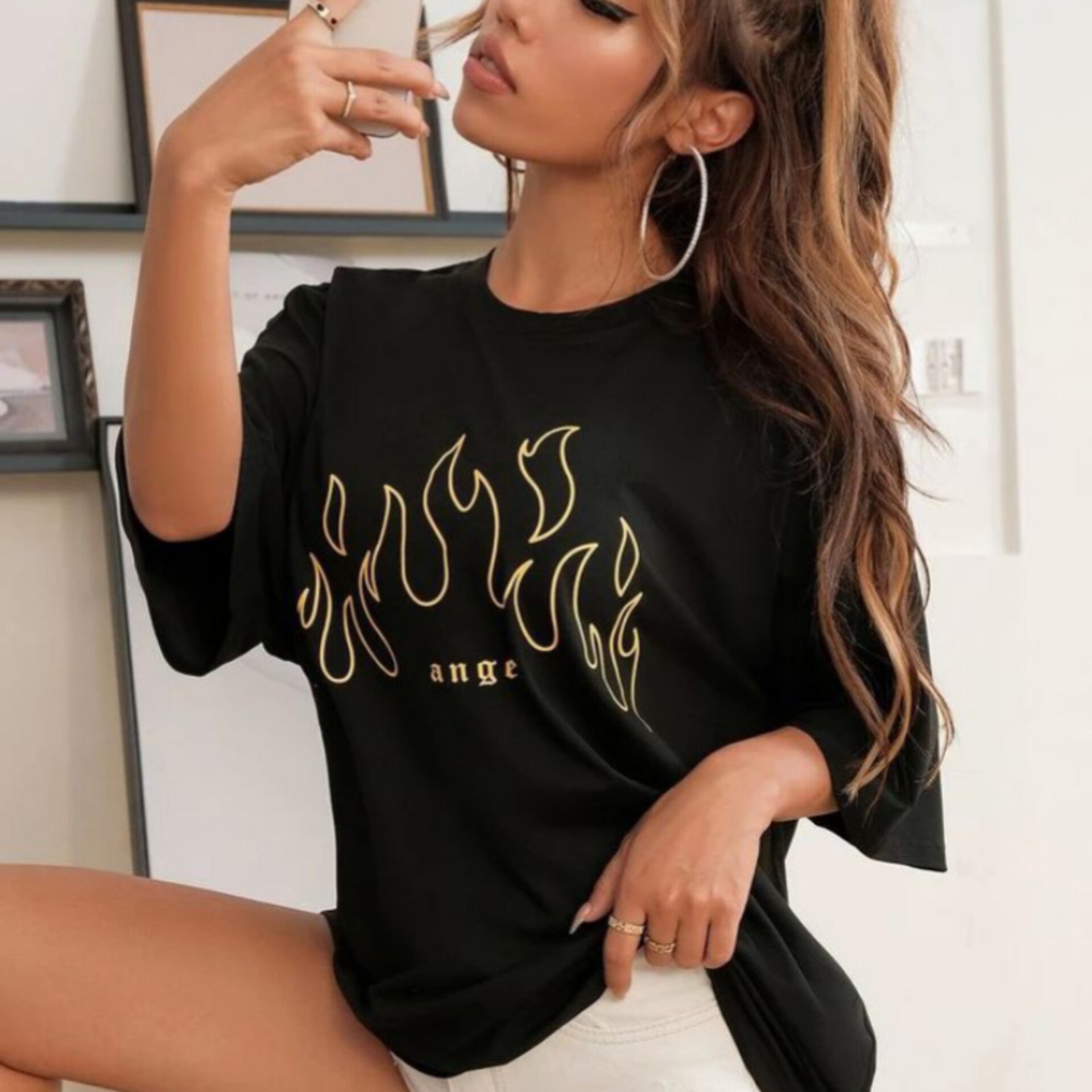 Letter & Fire Graphic Drop Shoulder Oversized Tee