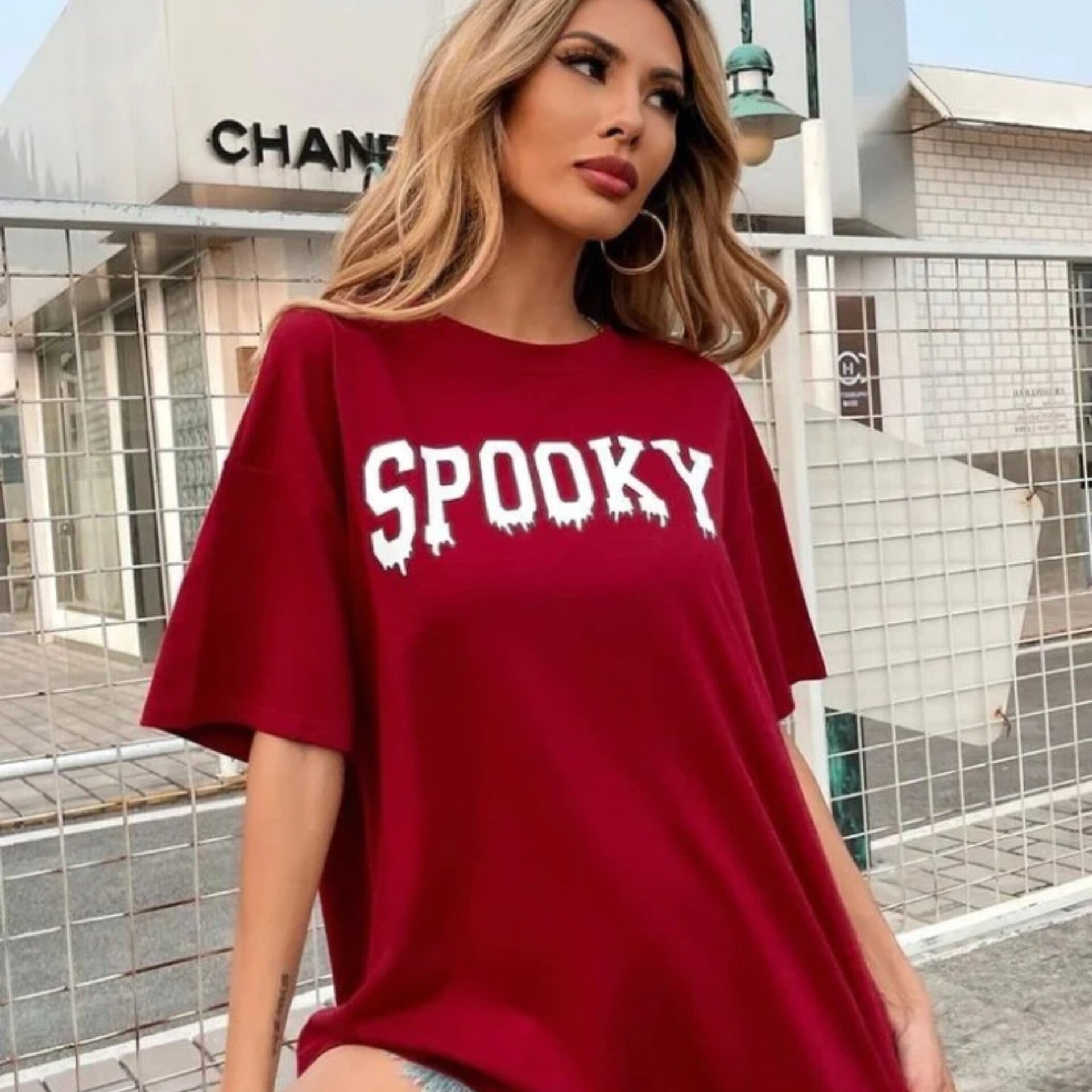 Spooky Letter Graphic Drop Shoulder Oversized Tee