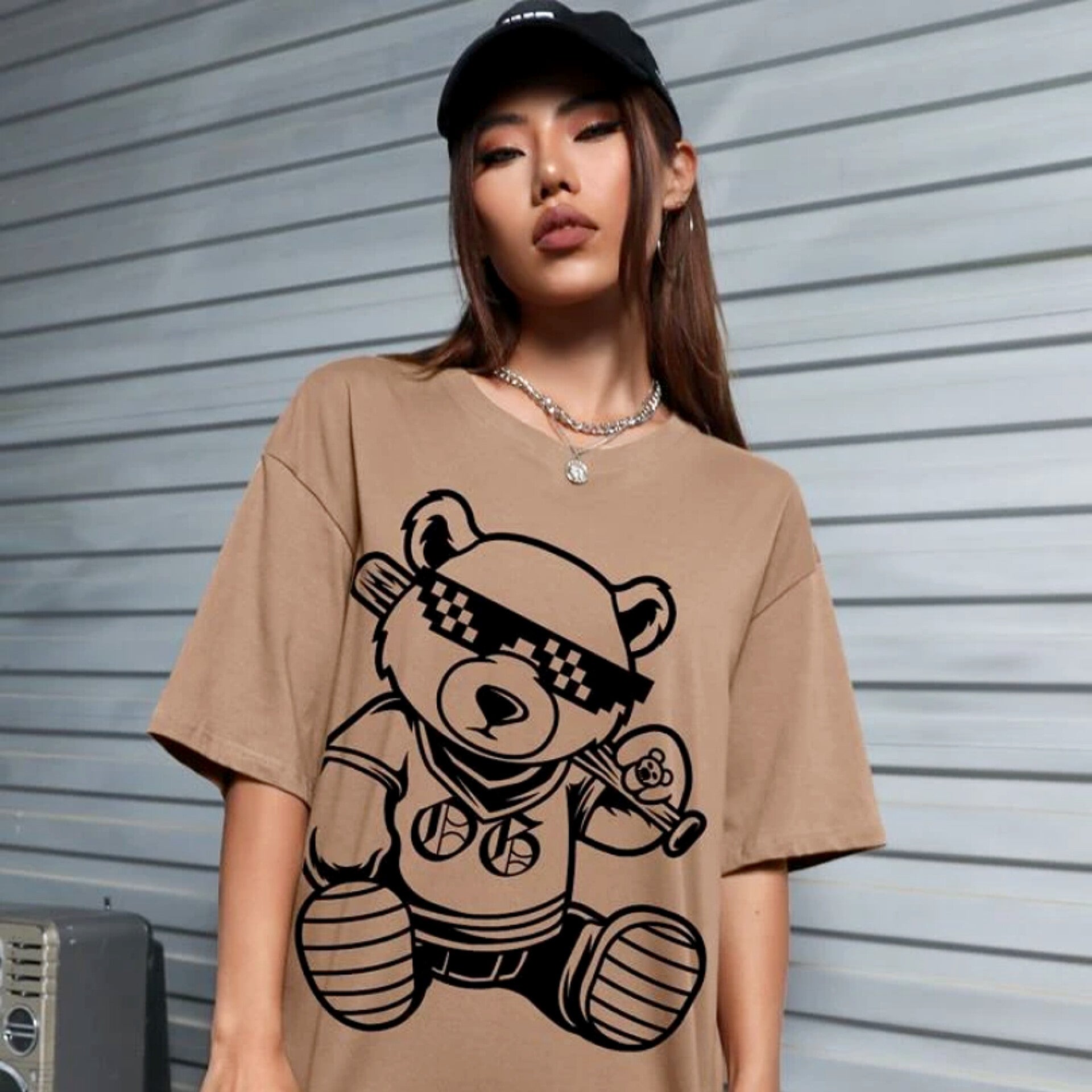 Mocha Bear Graphic Drop Shoulder Oversized Tee