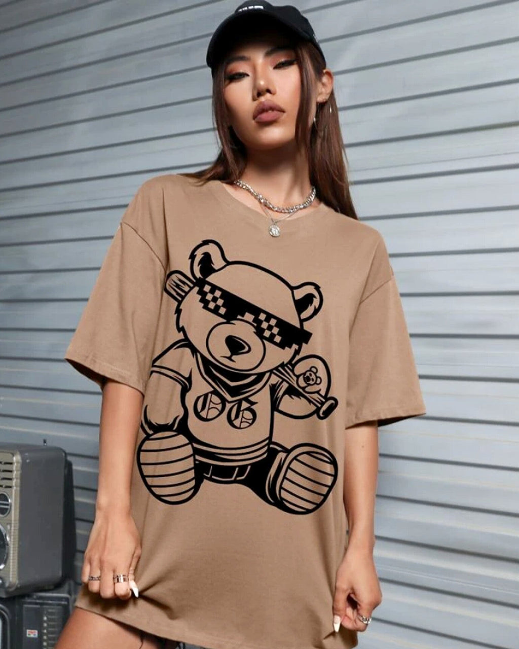 Mocha Bear Graphic Drop Shoulder Oversized Tee