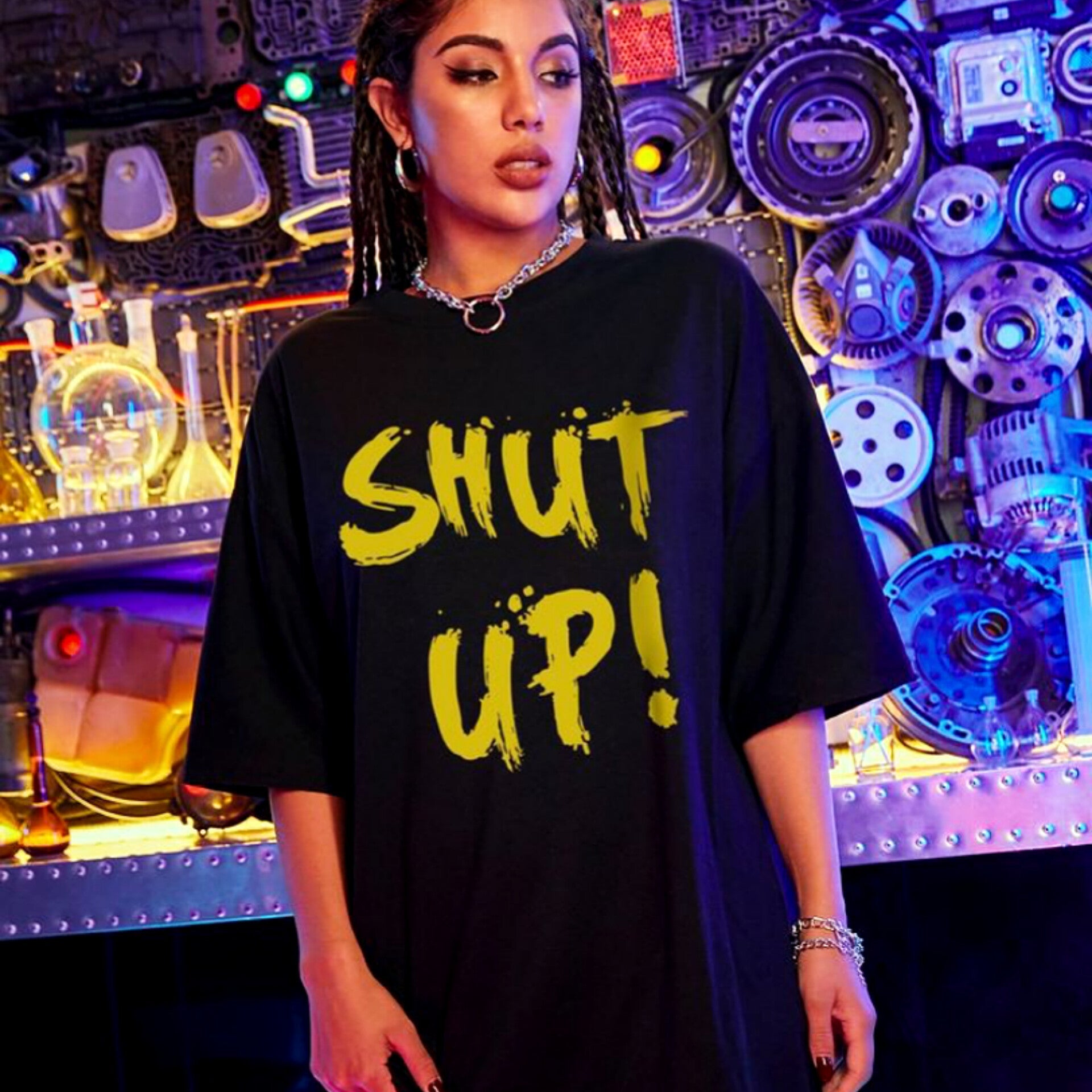 Shut Up Slogan Graphic Drop Shoulder Oversized Tee