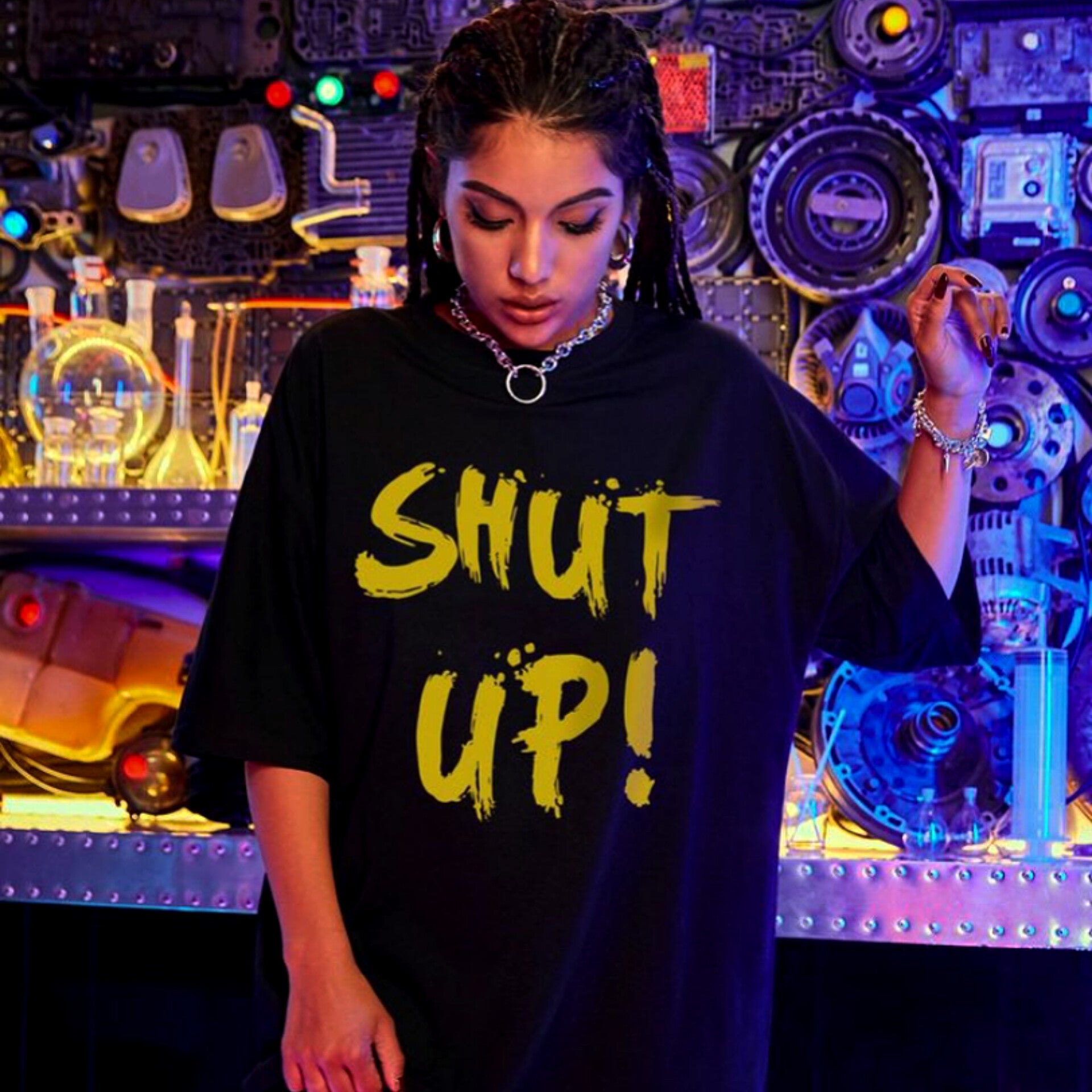 Shut Up Slogan Graphic Drop Shoulder Oversized Tee