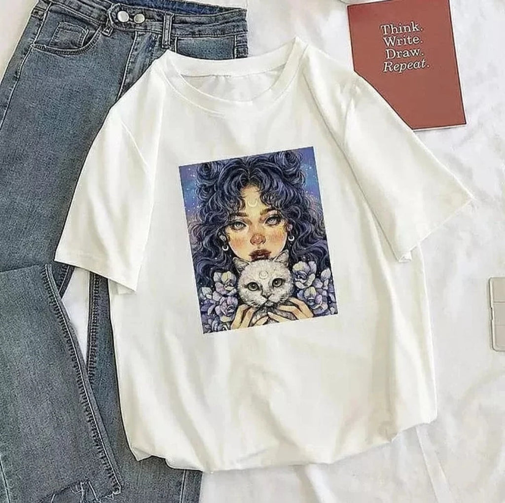 Cat Girl Graphic Drop Shoulder Oversized Tee