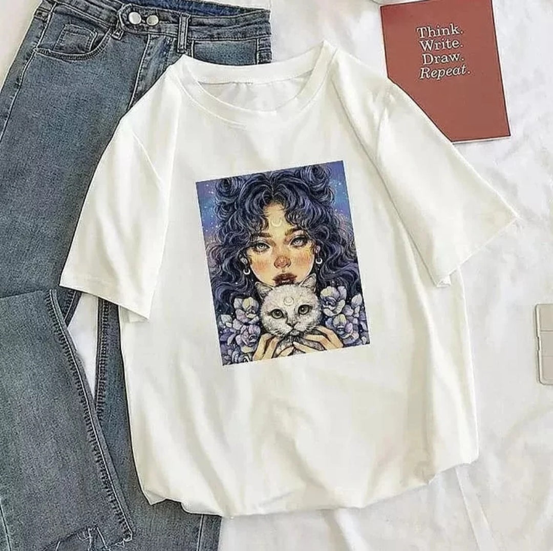 Cat Girl Graphic Drop Shoulder Oversized Tee