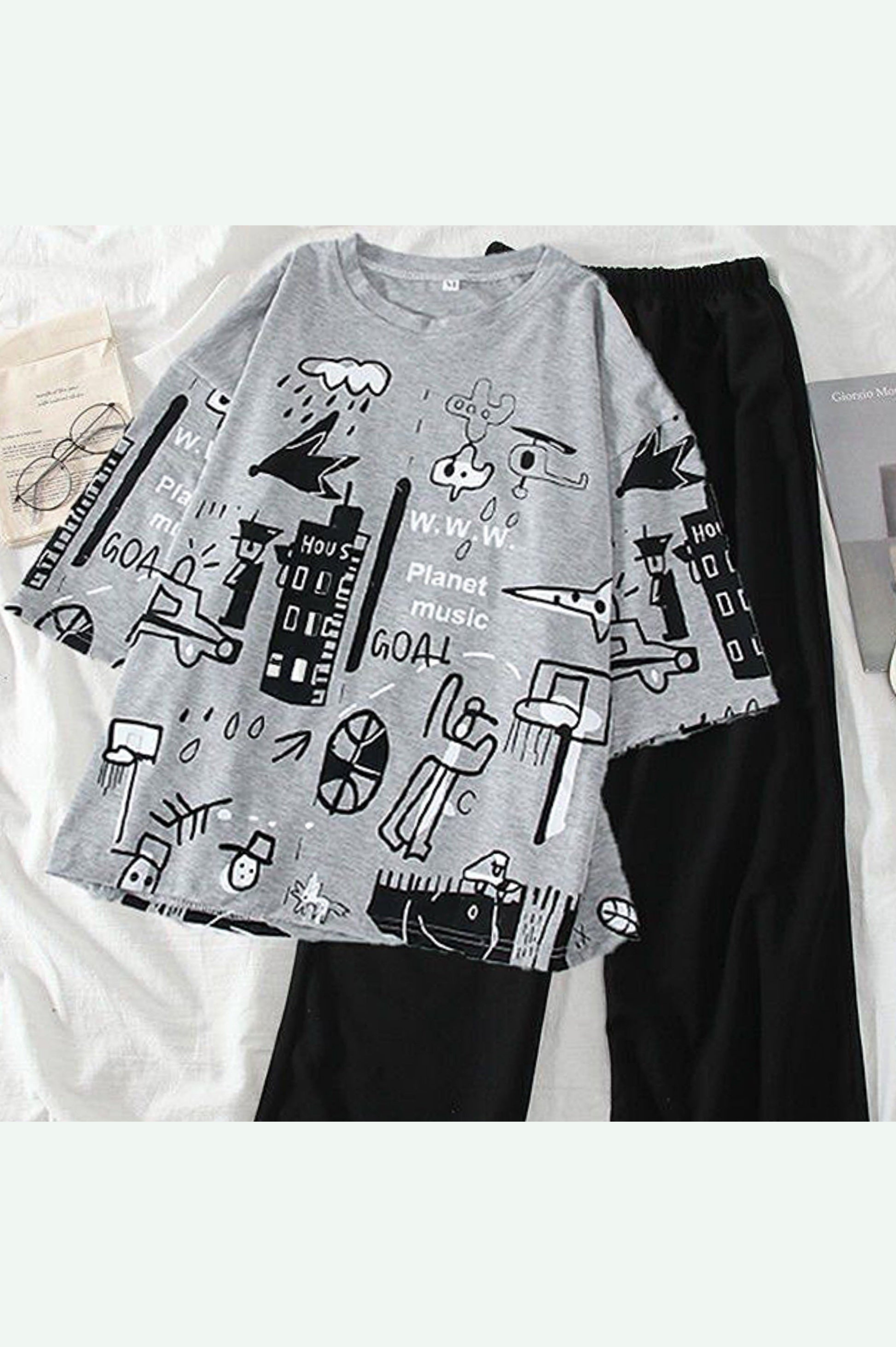 Planet Graphic Tee & Jogger Pant Tracksuit Grey