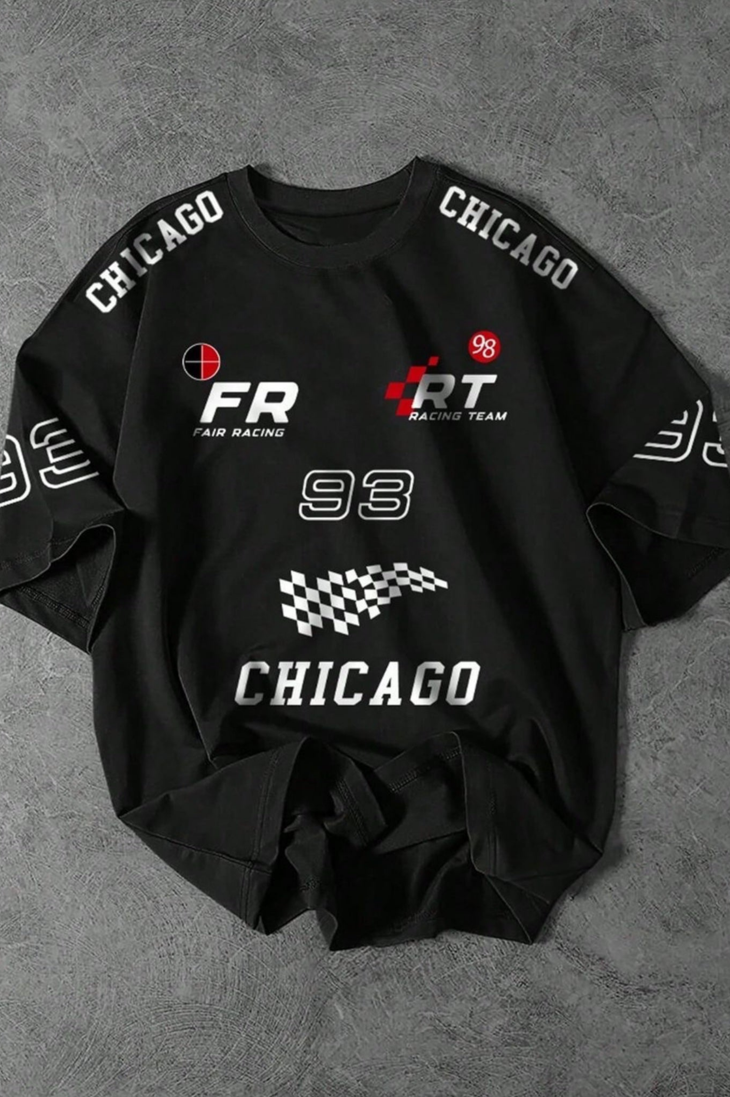 Team FR Chicago Graphic Drop Shoulder Oversized T-shirt Black