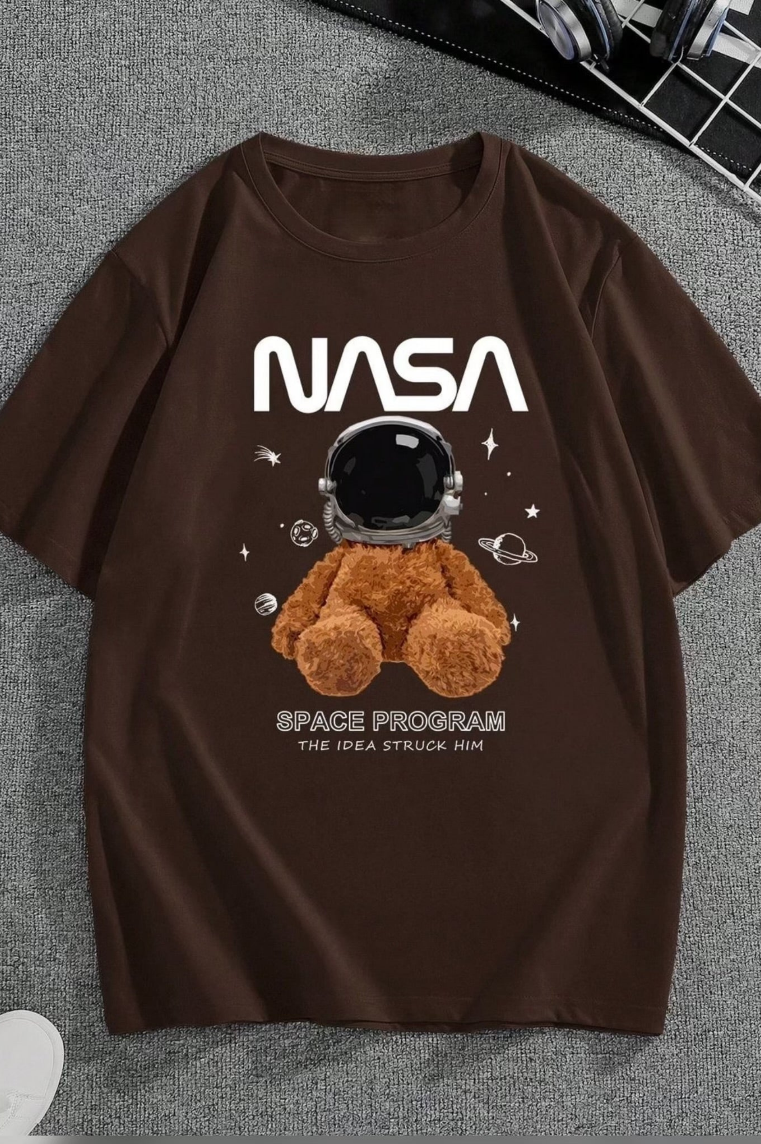 Nasa Graphic Drop Shoulder Oversized T-shirt Brown