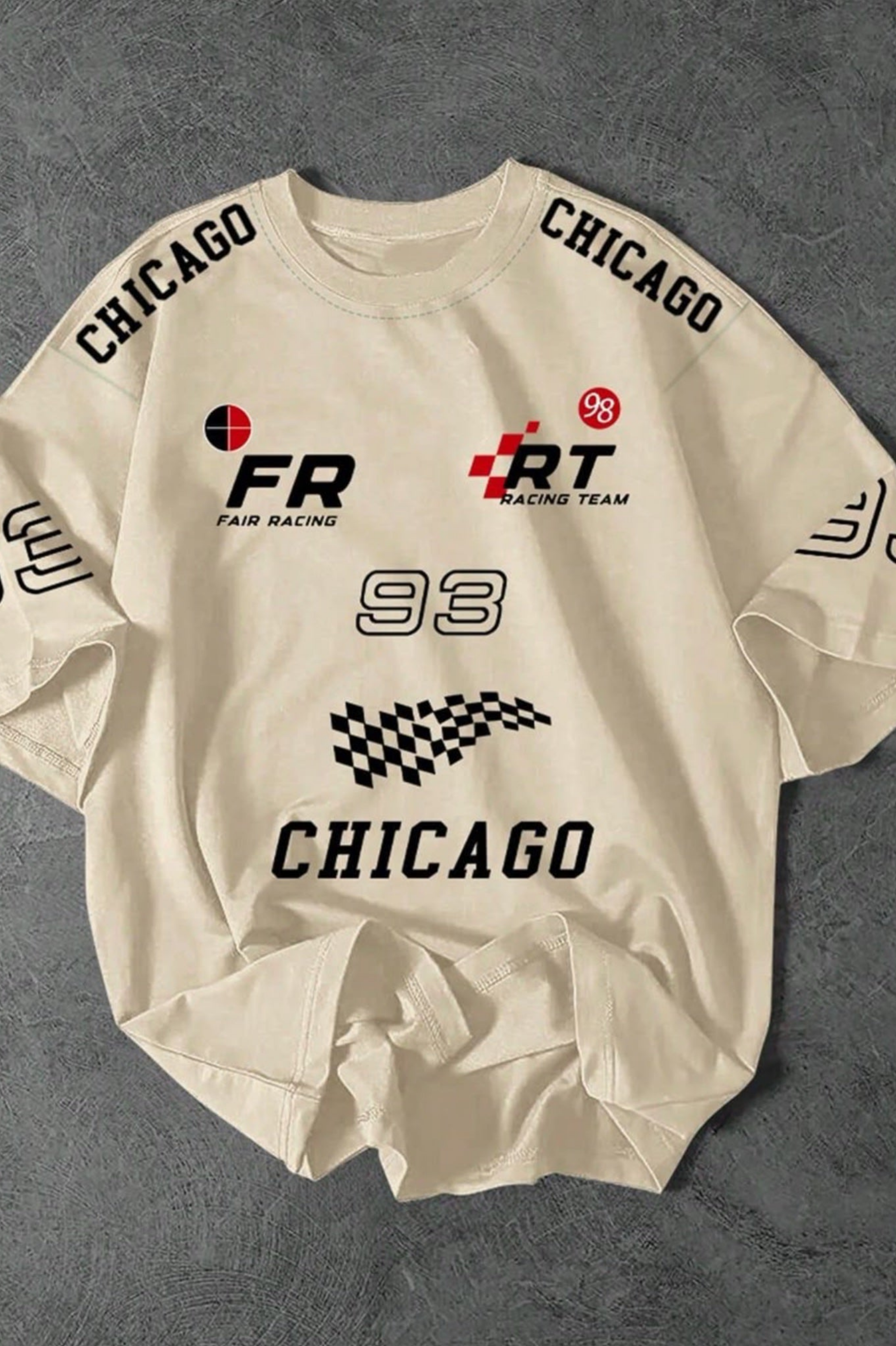 Team FR Chicago Graphic Drop Shoulder Oversized T-shirt Beige