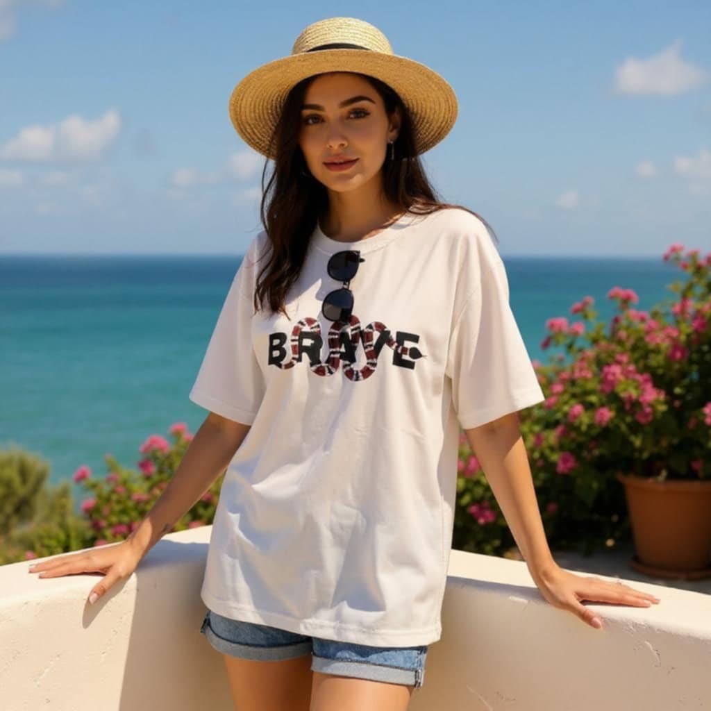 Brave Graphic Drop Shoulder Oversized Tee White